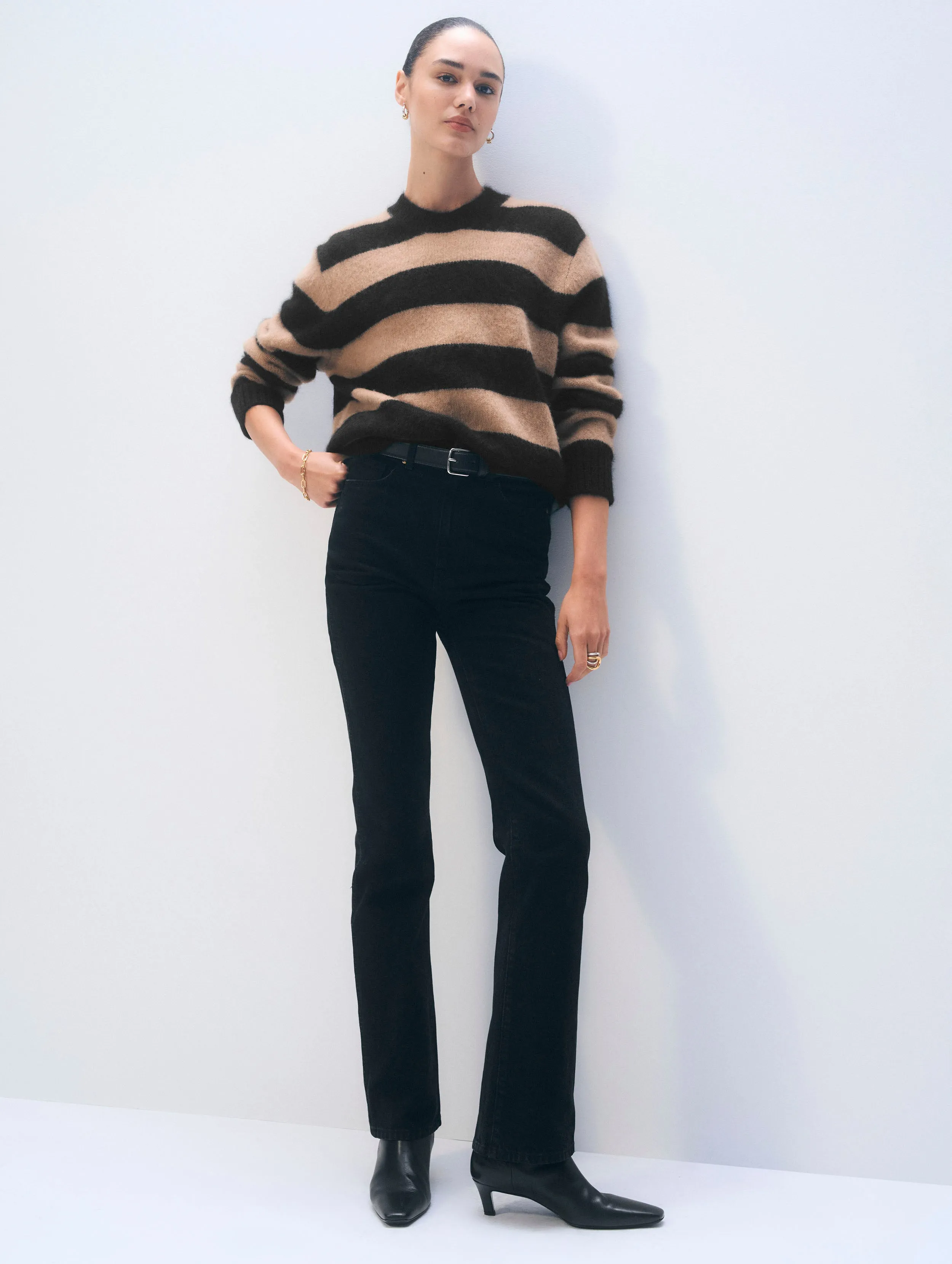 Brushed Cashmere Striped Crewneck | Black/Caramel sold by White + Warren product image thumbnail 4
