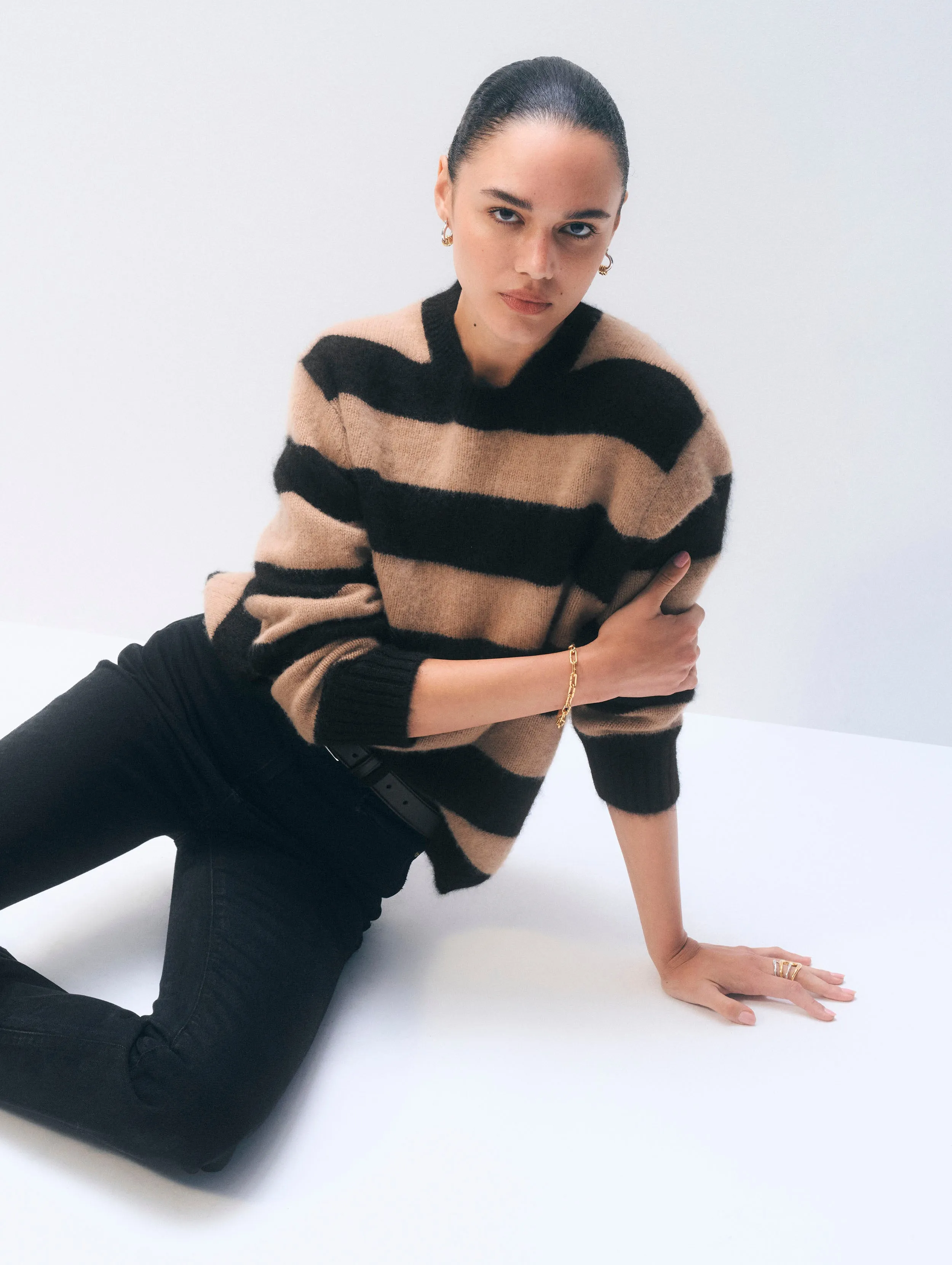 Brushed Cashmere Striped Crewneck | Black/Caramel sold by White + Warren product image thumbnail 3