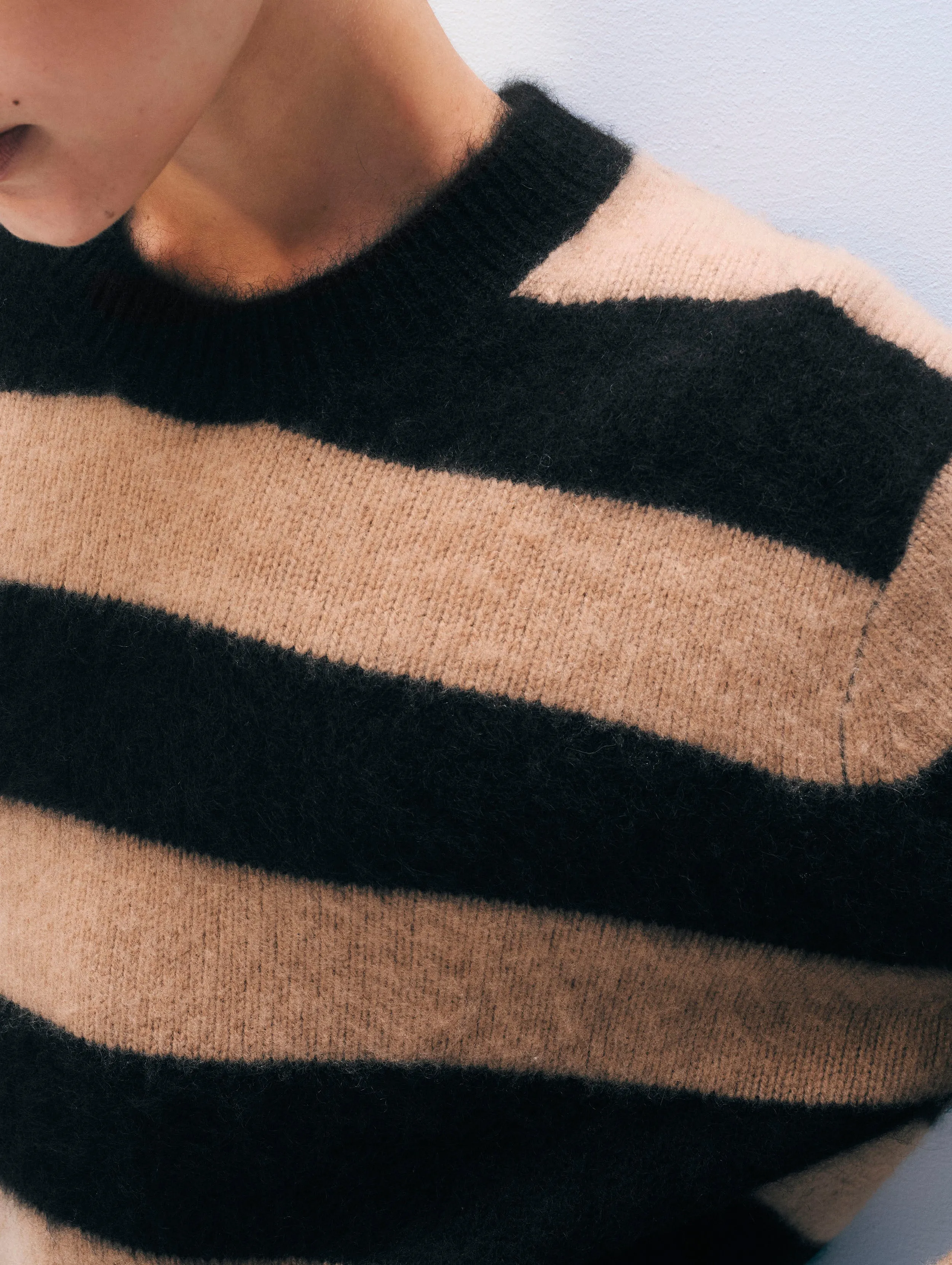 Brushed Cashmere Striped Crewneck | Black/Caramel sold by White + Warren product image thumbnail 2