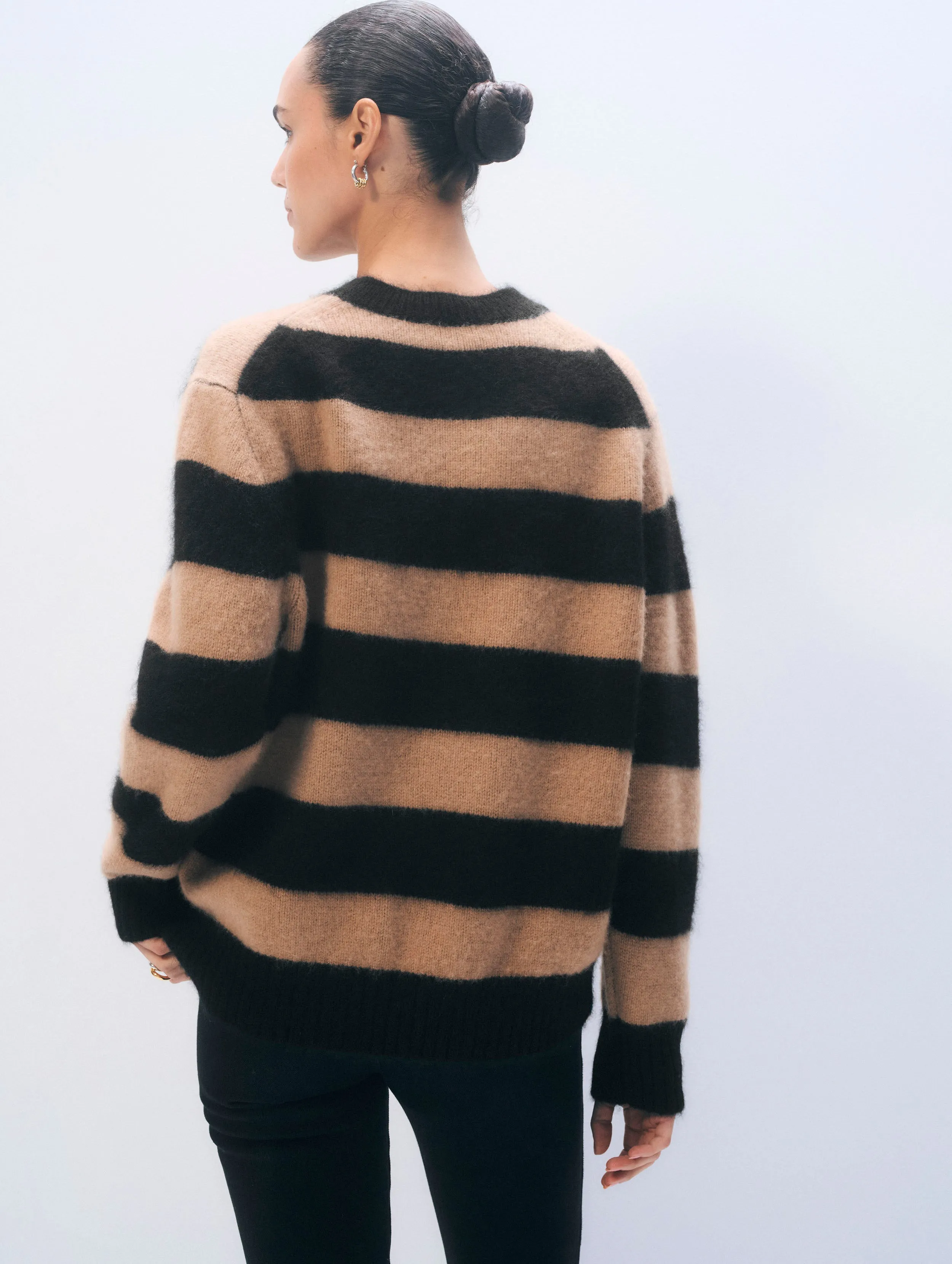 Brushed Cashmere Striped Crewneck | Black/Caramel sold by White + Warren product image thumbnail 5