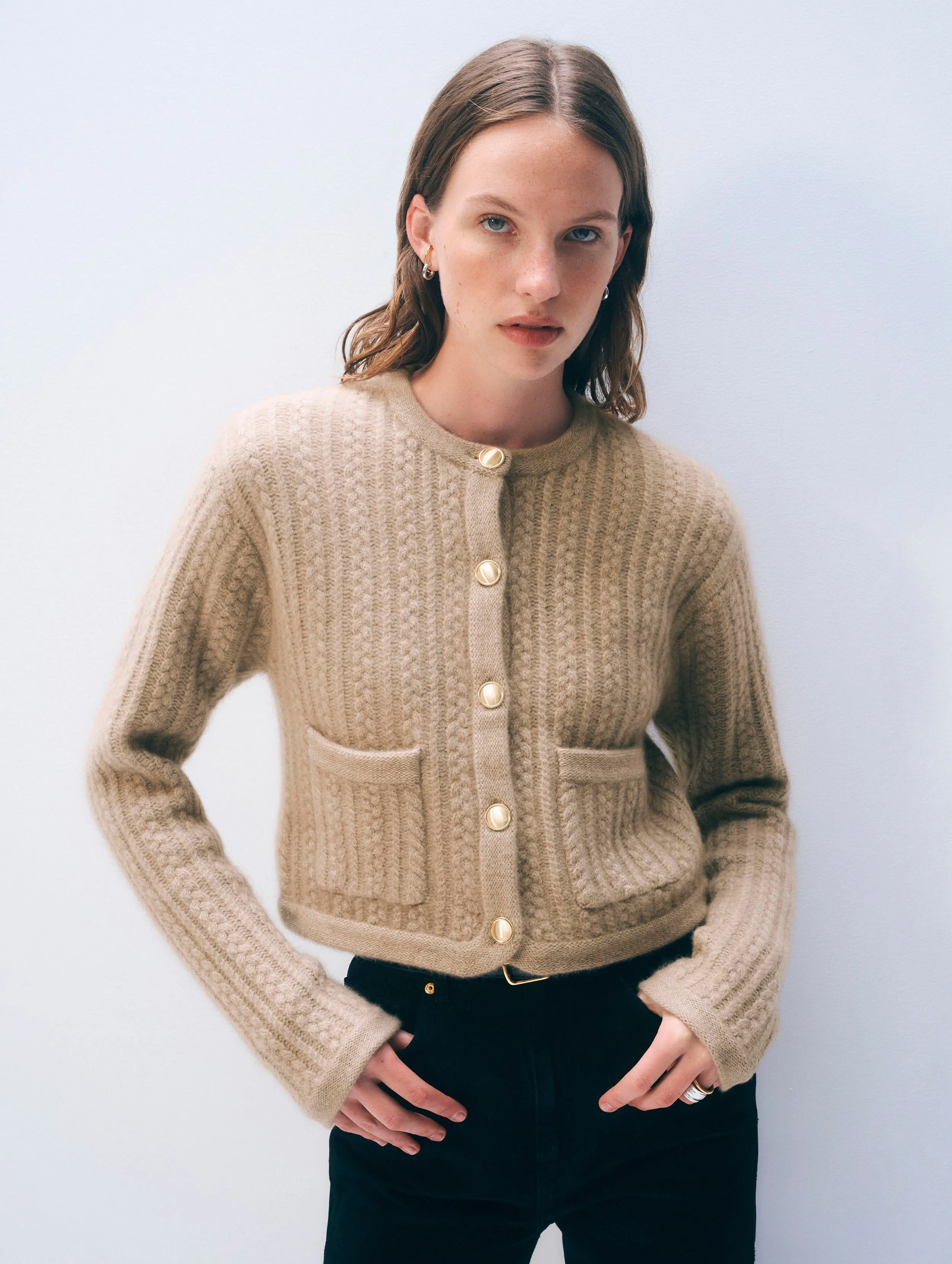 Cashmere Luxe Cable Cardigan | Taupe Heather sold by White + Warren