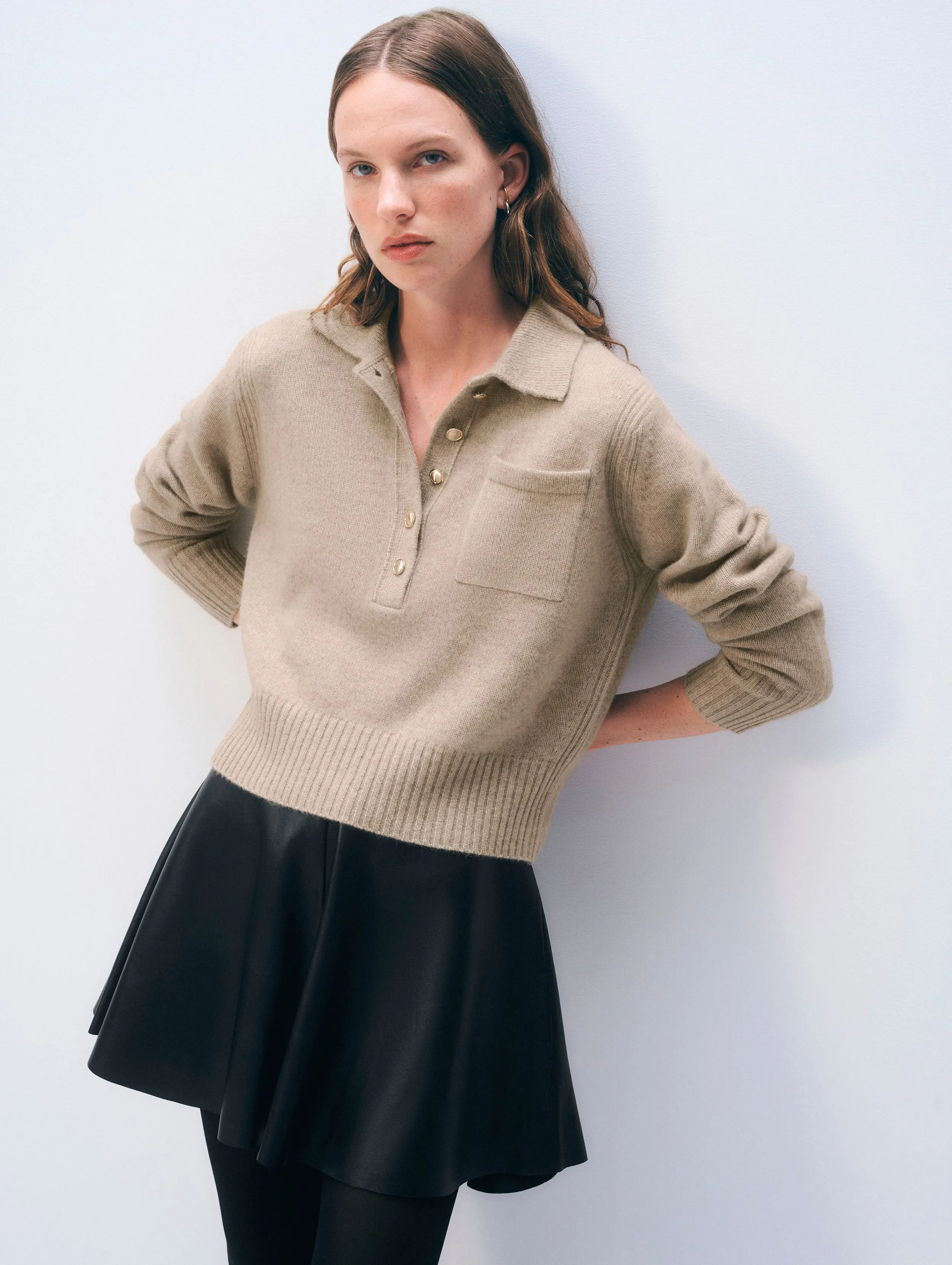 Cashmere Gold Button Polo | Taupe Heather sold by White + Warren