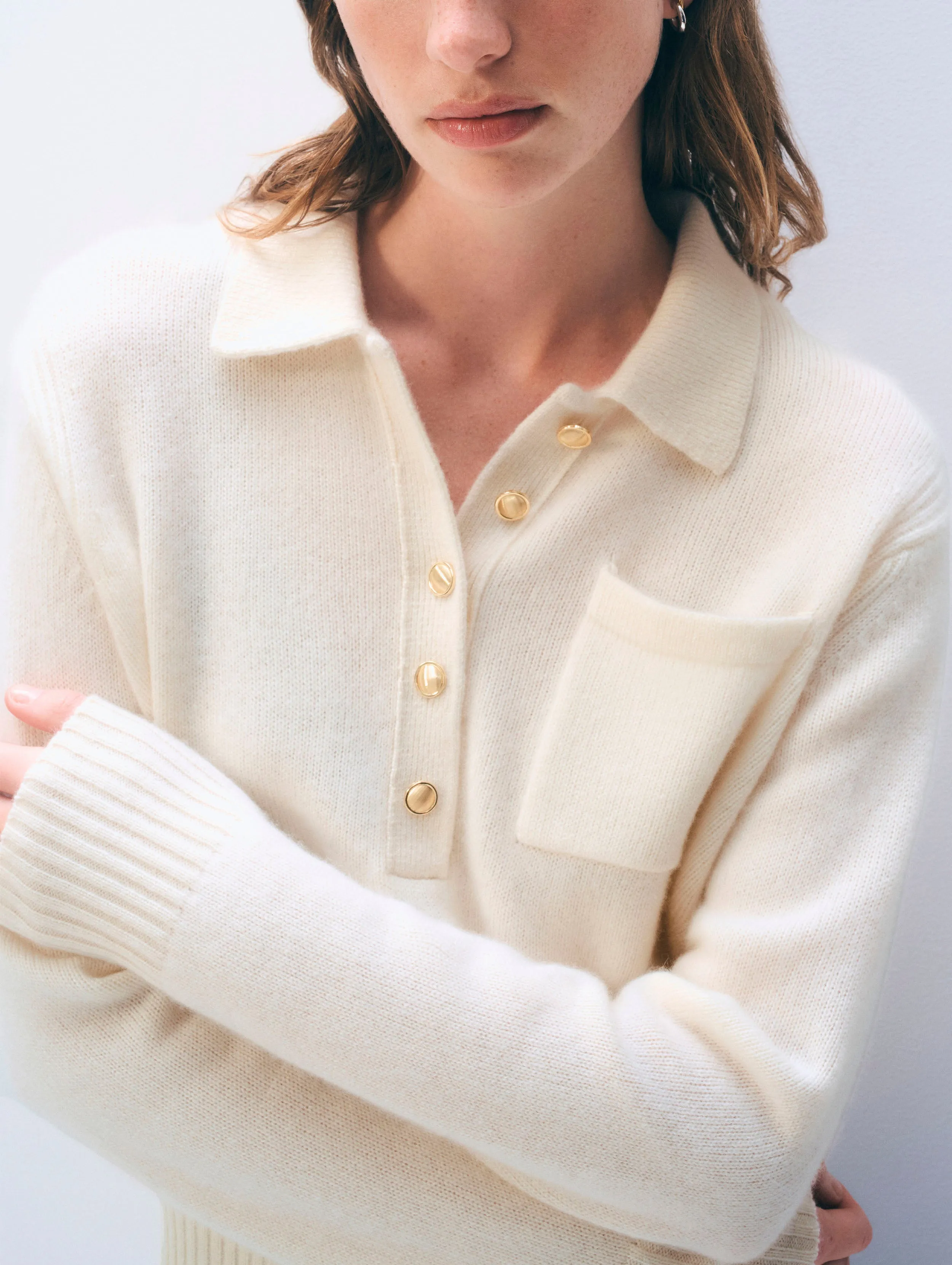 Cashmere Gold Button Polo | Soft White sold by White + Warren product image thumbnail 2