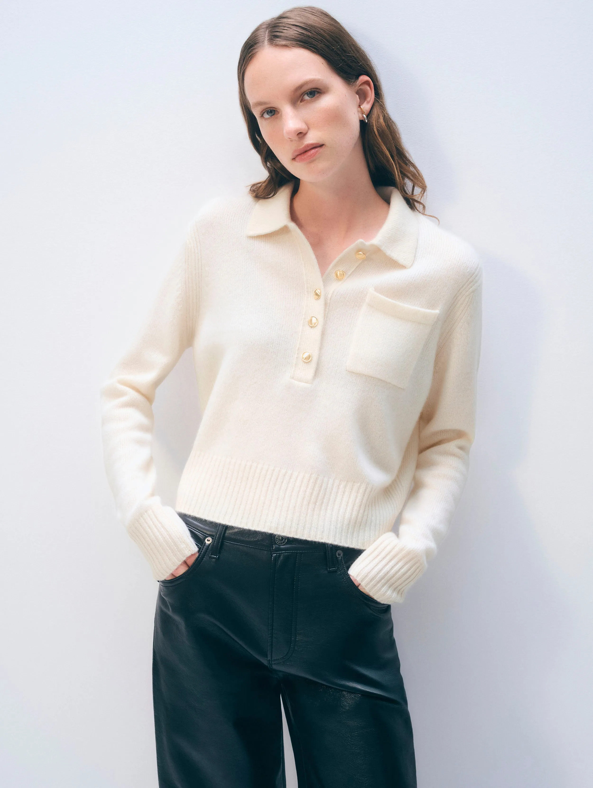 Cashmere Gold Button Polo | Soft White sold by White + Warren