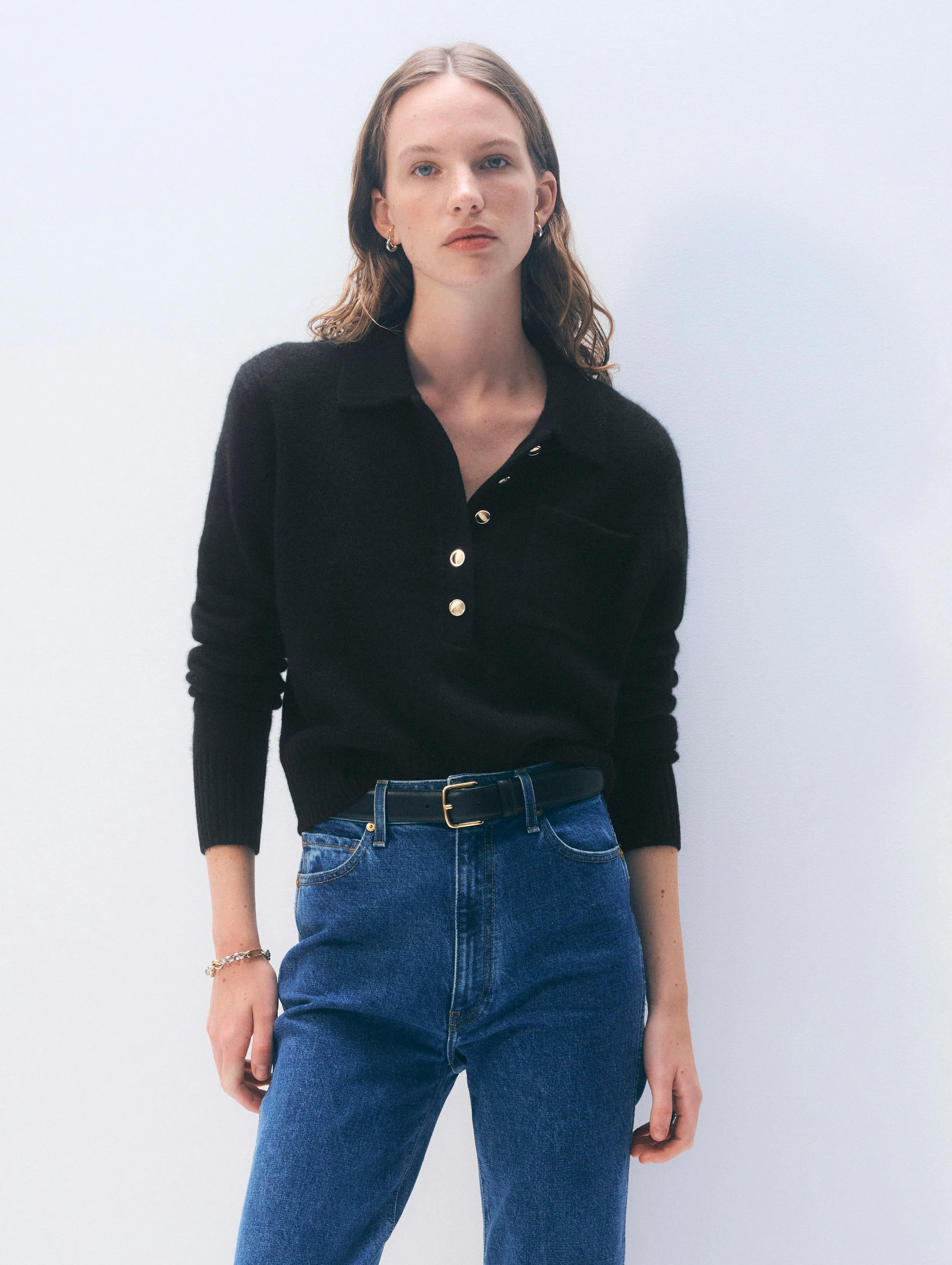 Cashmere Gold Button Polo | Black sold by White + Warren