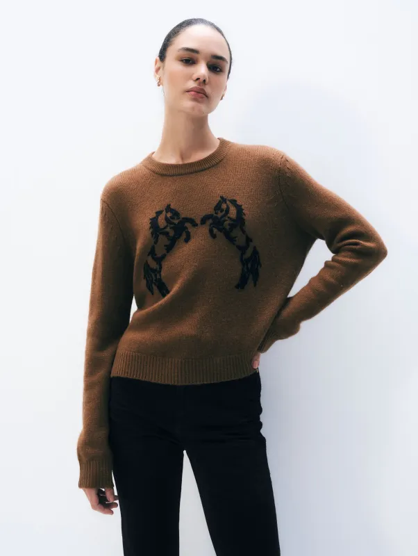 Cashmere Blend Horse Embroidered Crewneck | Umber & Black sold by White + Warren