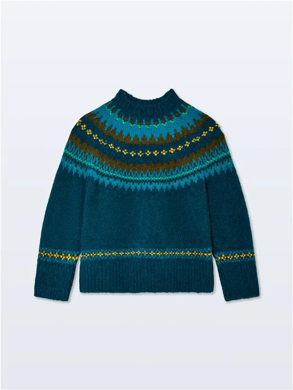 Alpaca Blend Fair Isle Crewneck | Teal Combo sold by White + Warren product image thumbnail 4
