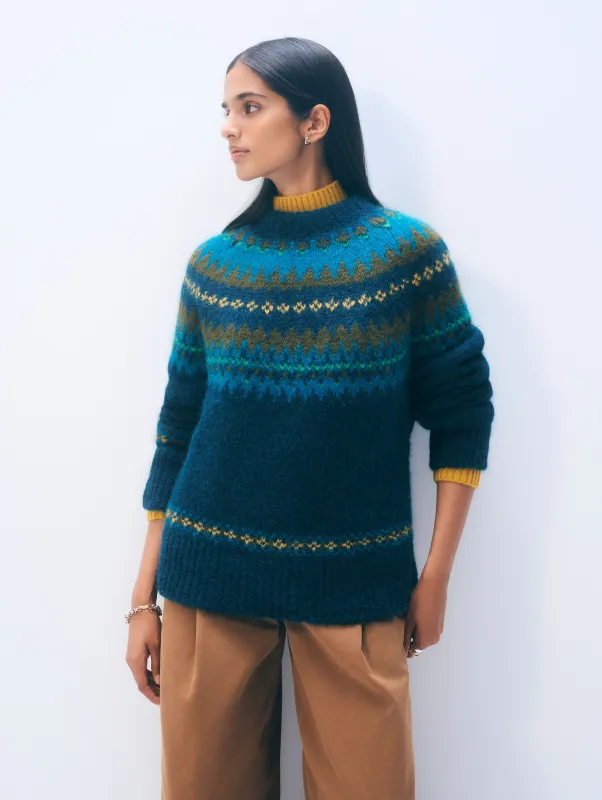 Alpaca Blend Fair Isle Crewneck | Teal Combo sold by White + Warren