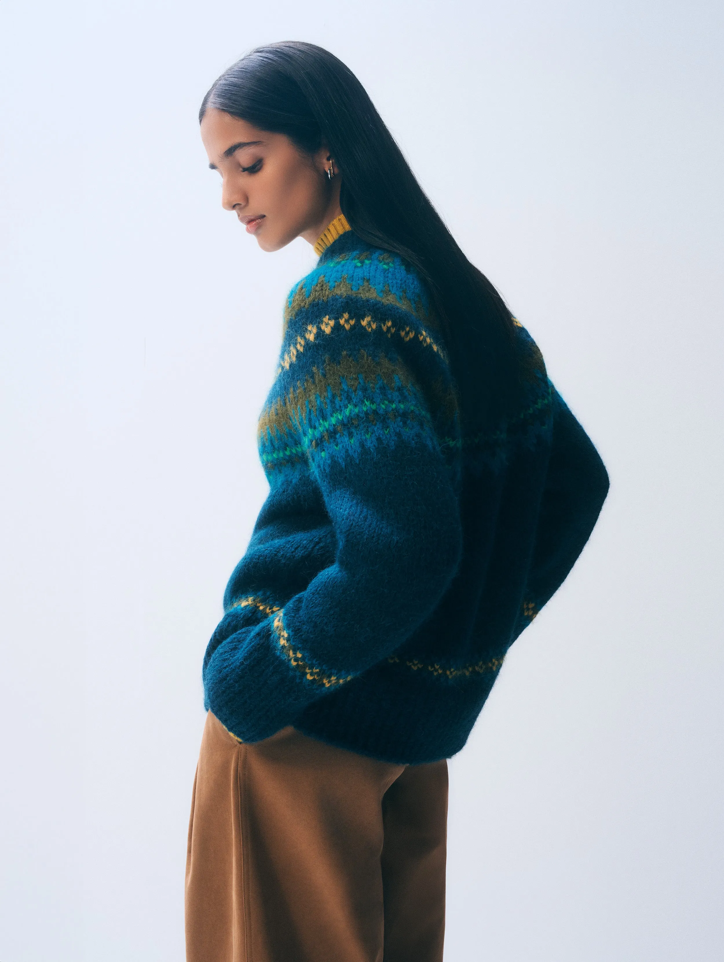Alpaca Blend Fair Isle Crewneck | Teal Combo sold by White + Warren product image thumbnail 3