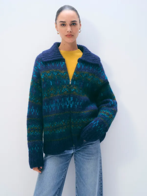 Alpaca Blend Fair Isle Bomber | Teal Combo sold by White + Warren