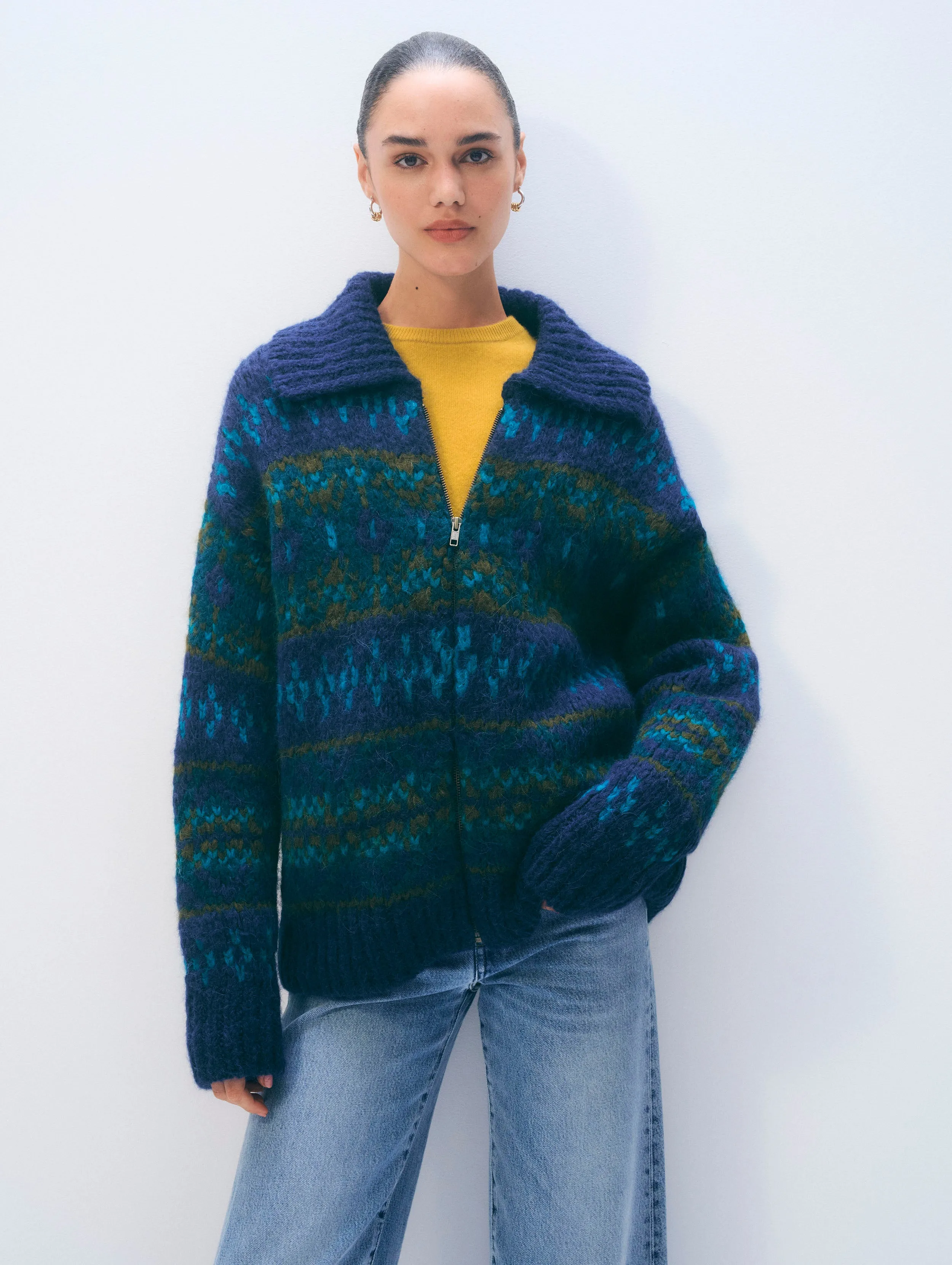Alpaca Blend Fair Isle Bomber | Teal Combo sold by White + Warren