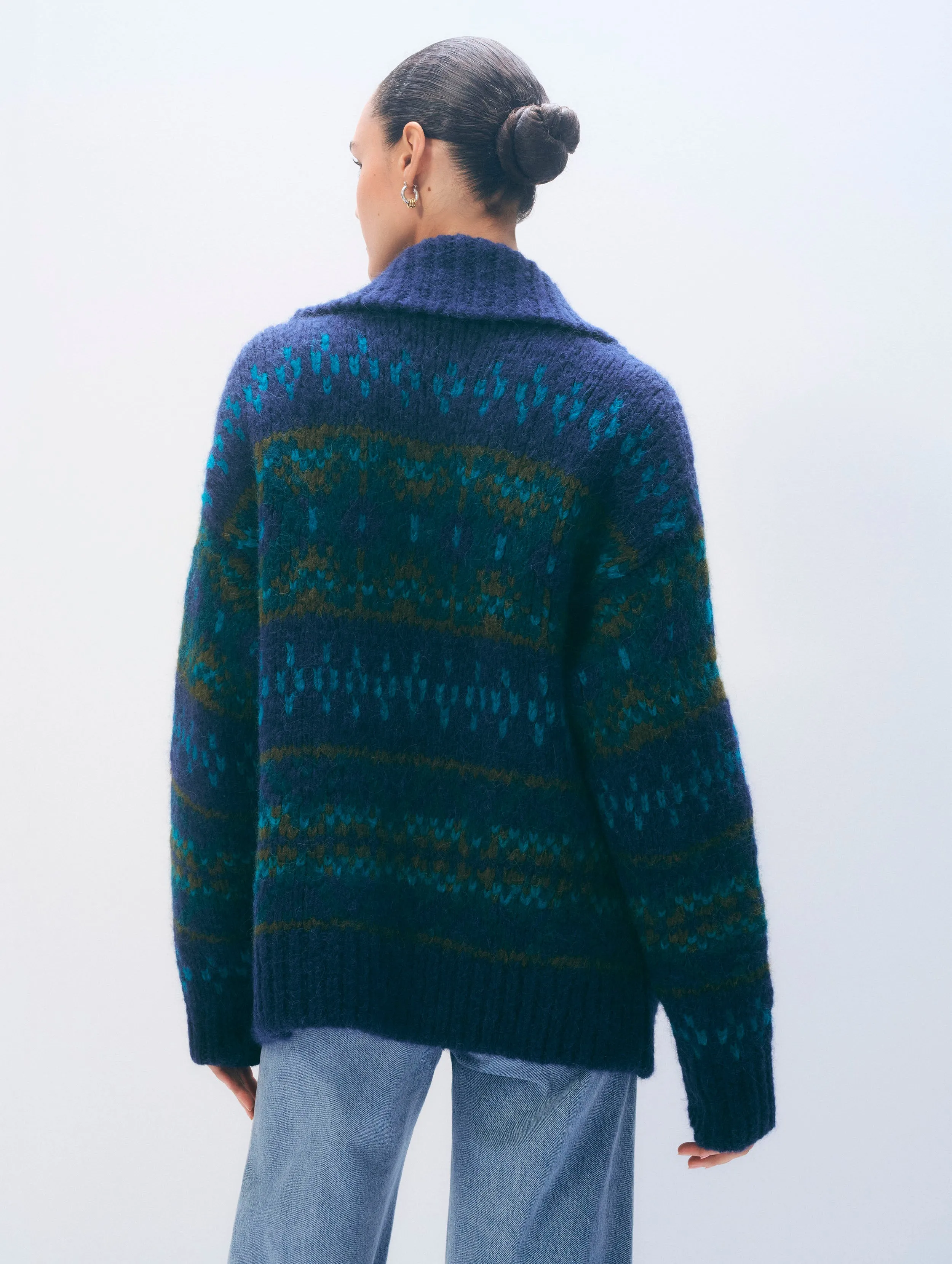 Alpaca Blend Fair Isle Bomber | Teal Combo sold by White + Warren product image thumbnail 3