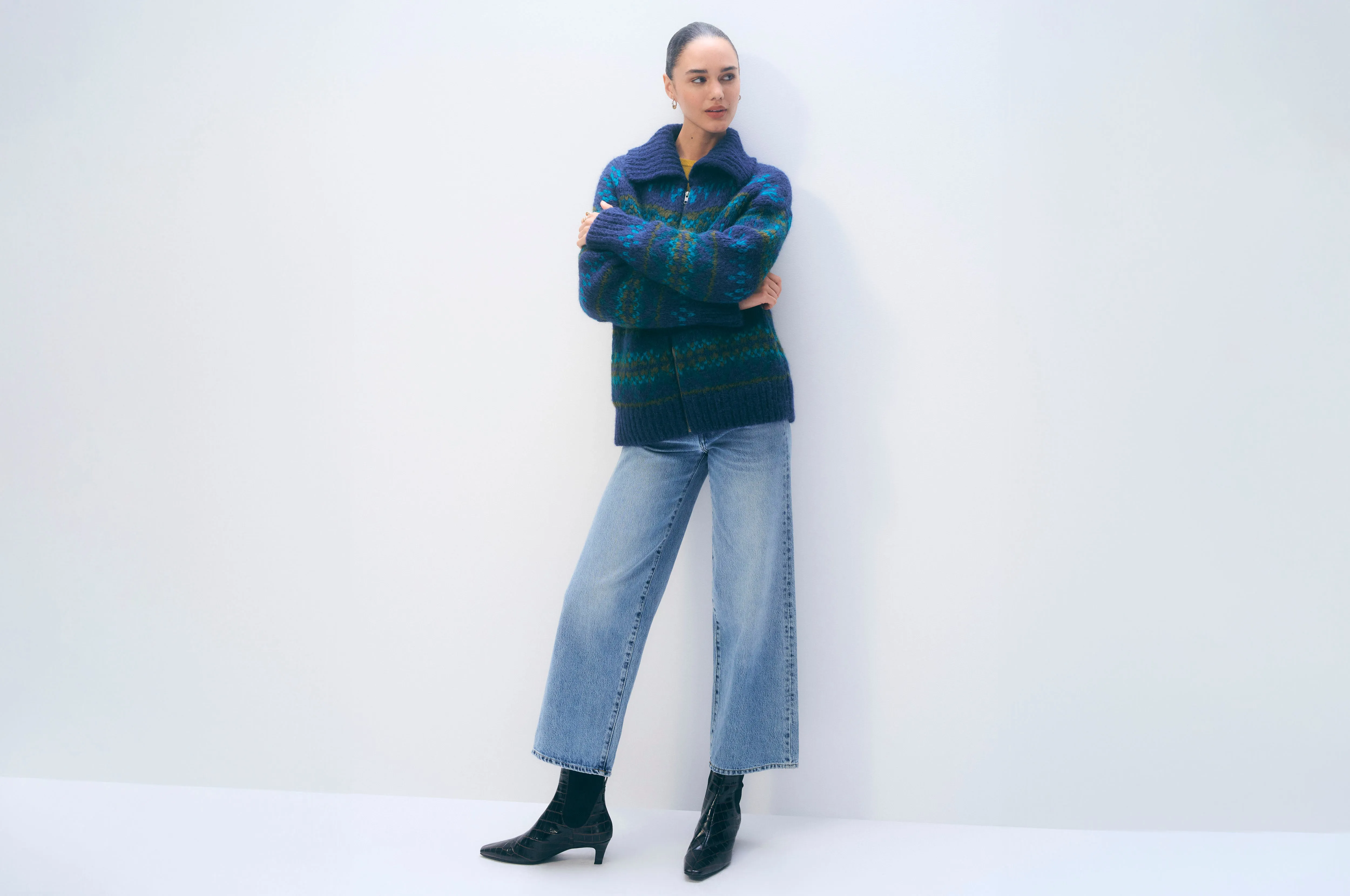 Alpaca Blend Fair Isle Bomber | Teal Combo sold by White + Warren product image thumbnail 5