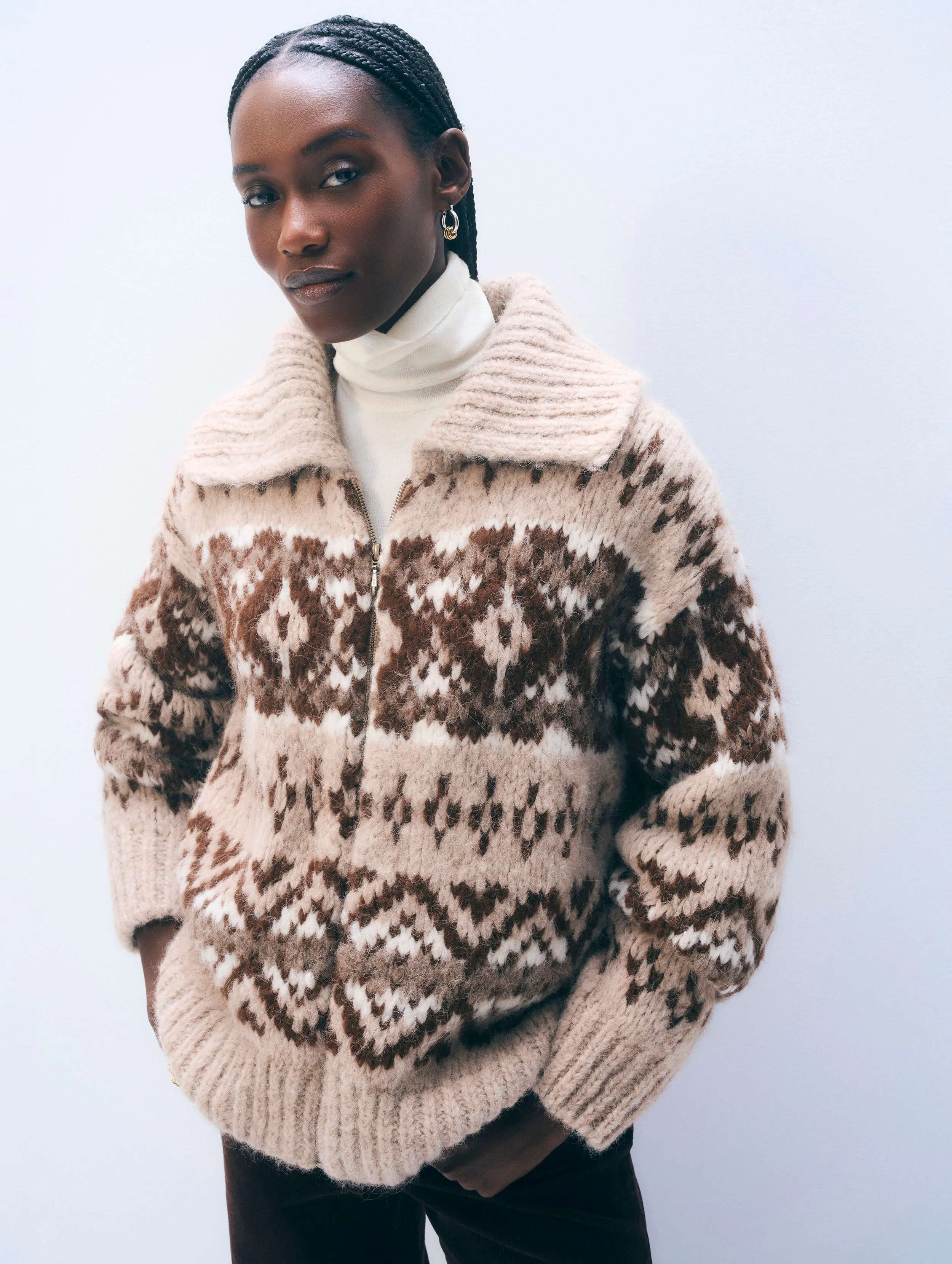 Alpaca Blend Fair Isle Bomber | Brown Combo sold by White + Warren