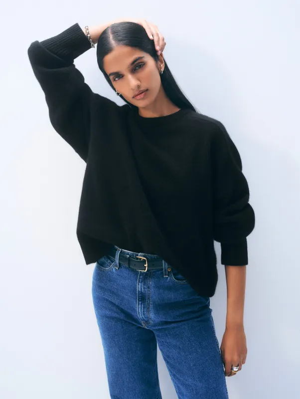Cashmere Saddle Sleeve Crewneck | Black sold by White + Warren