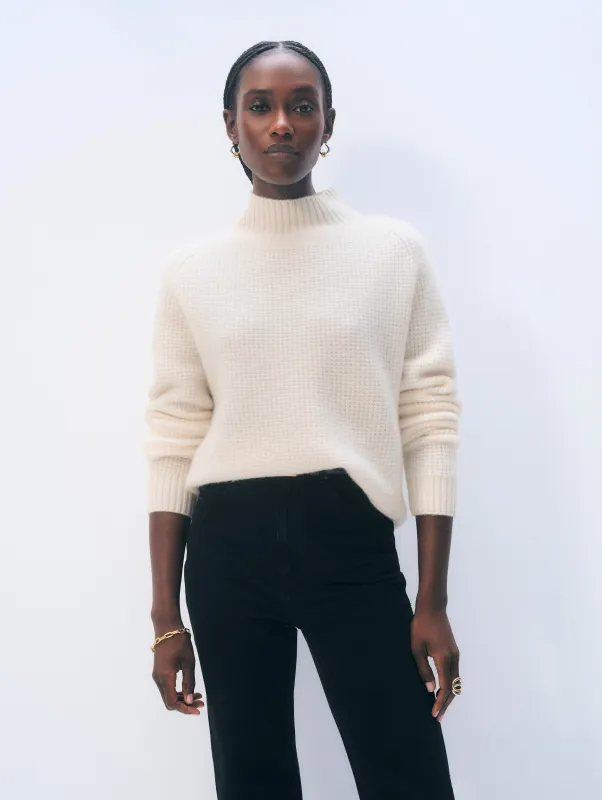 Cashmere Luxe Waffle Standneck | Soft White sold by White + Warren
