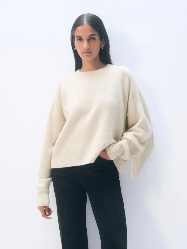 Cashmere Blend Luxe Fringe Crewneck | Ivory sold by White + Warren
