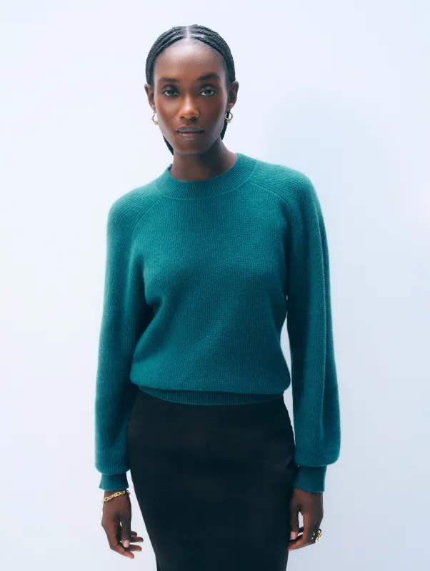 Cashmere Blouson Sleeve Crewneck | Deep Water Teal sold by White + Warren