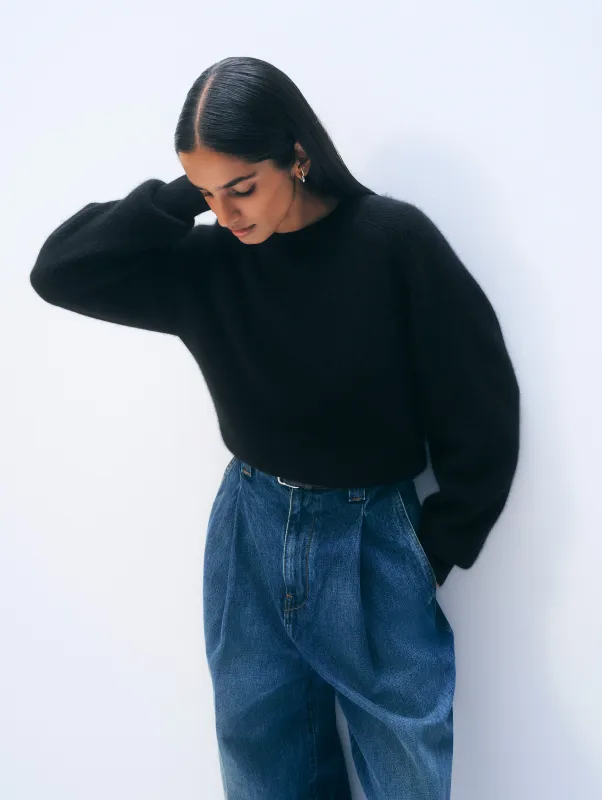 Cashmere Blouson Sleeve Crewneck | Black sold by White + Warren