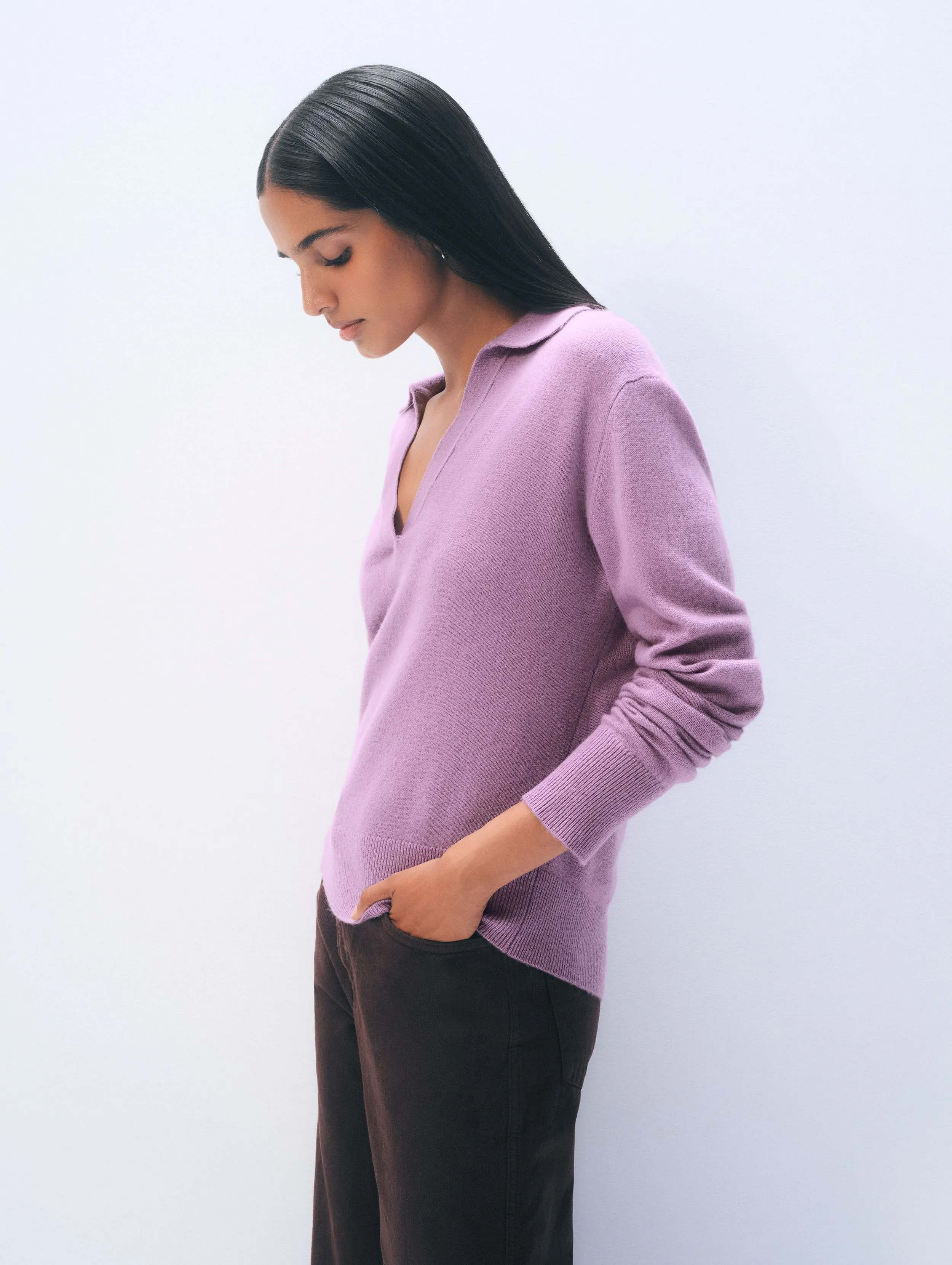Cashmere Long-Sleeved Polo | Soft Plum sold by White + Warren product image thumbnail 3