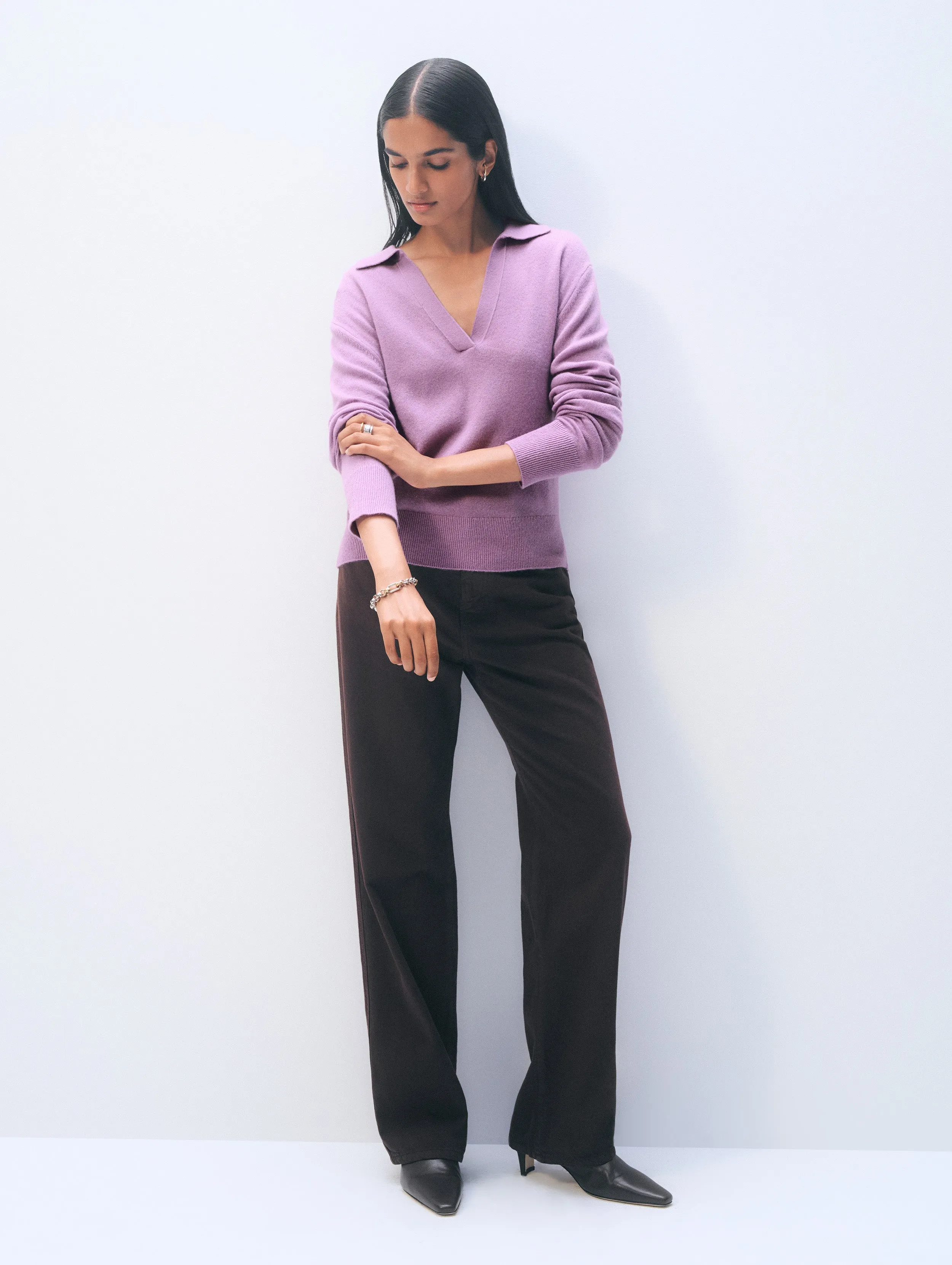 Cashmere Long-Sleeved Polo | Soft Plum sold by White + Warren product image thumbnail 2