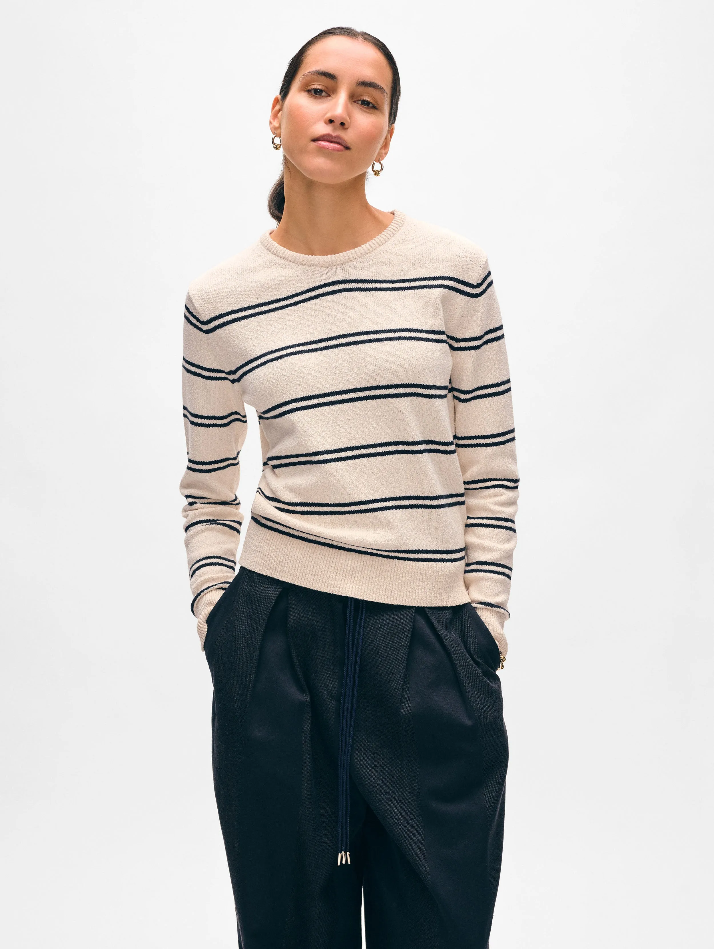 Fine Cotton Bouclé Striped Crewneck | Ivory/Deep Navy sold by White + Warren product image thumbnail 2