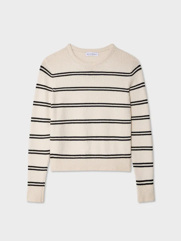 Fine Cotton Bouclé Striped Crewneck | Ivory/Deep Navy made by White + Warren