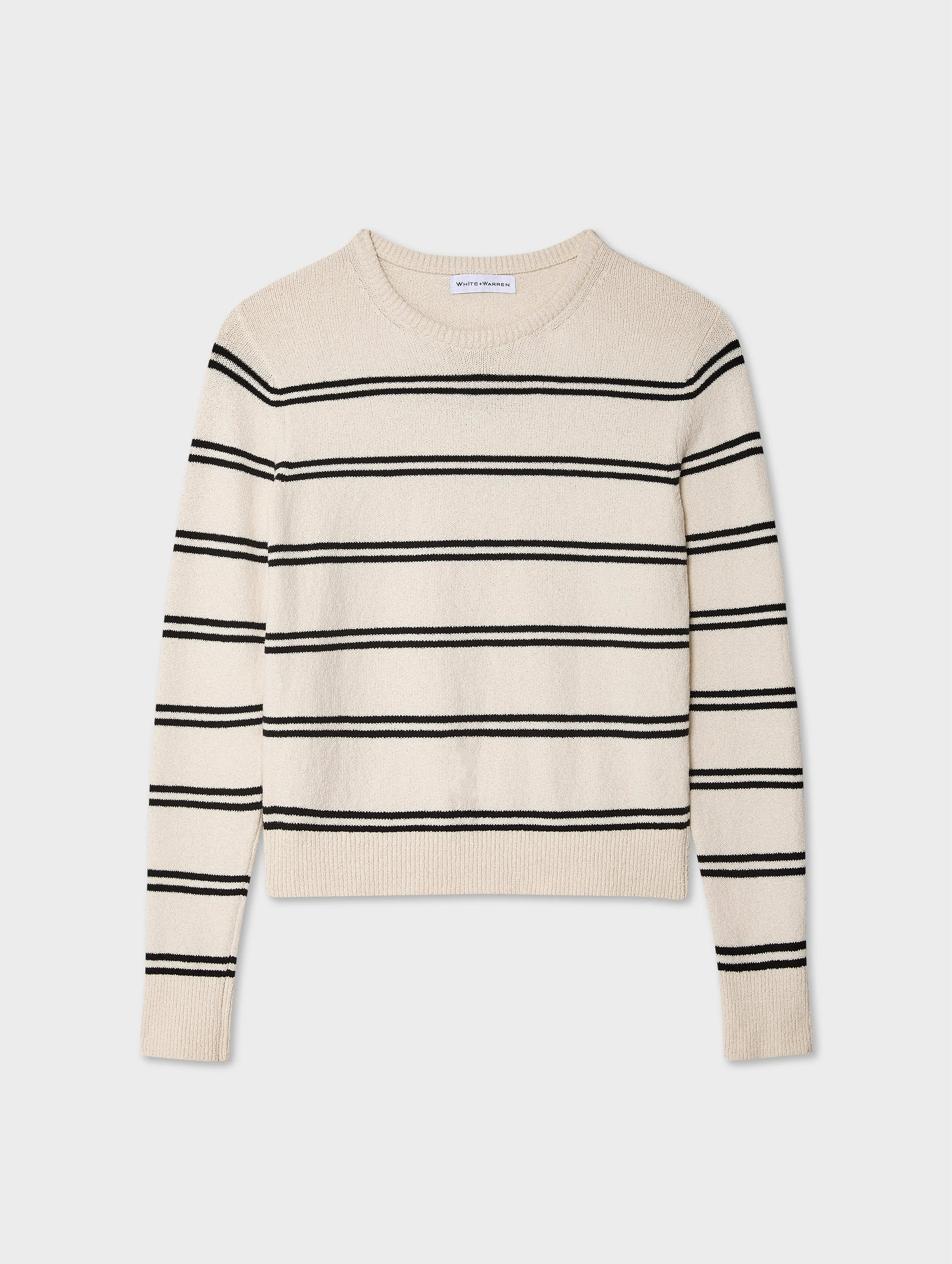 Fine Cotton Bouclé Striped Crewneck | Ivory/Deep Navy sold by White + Warren