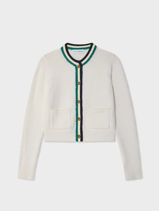 Lofty Cotton Crochet Trim Cardigan | Ivory & Teal sold by White + Warren
