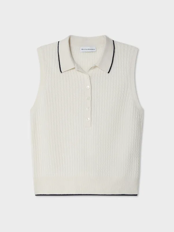 Cashmere Cable Sleeveless Polo | Soft White & Deep Navy sold by White + Warren