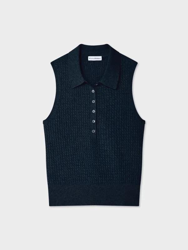 Cashmere Cable Sleeveless Polo | Deep Navy sold by White + Warren