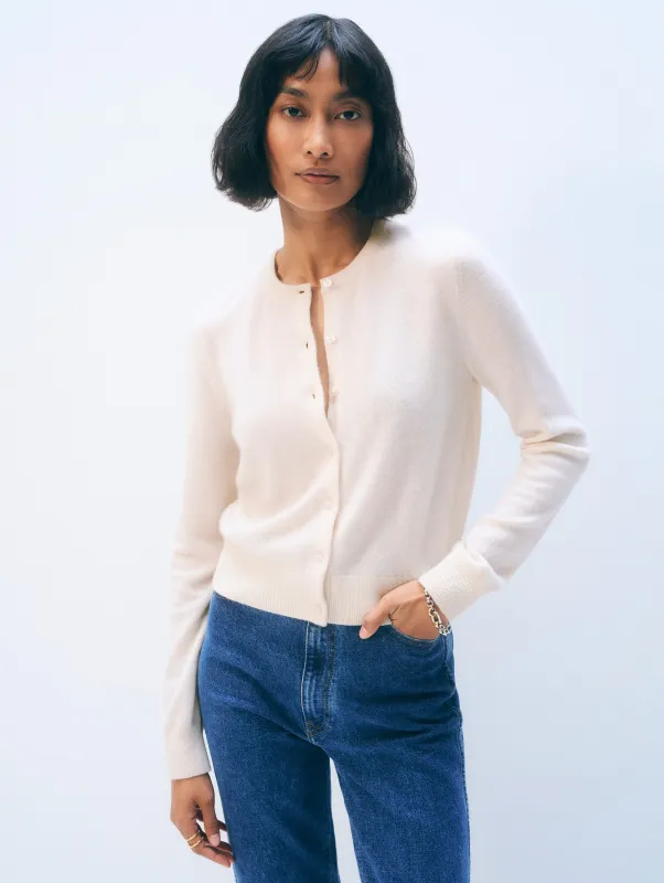 Cashmere Crewneck Cardigan | Soft White sold by White + Warren