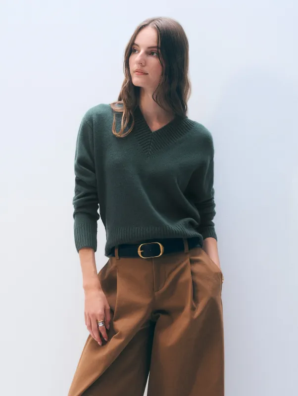 Cashmere Wide Rib Trim V Neck sold by White + Warren