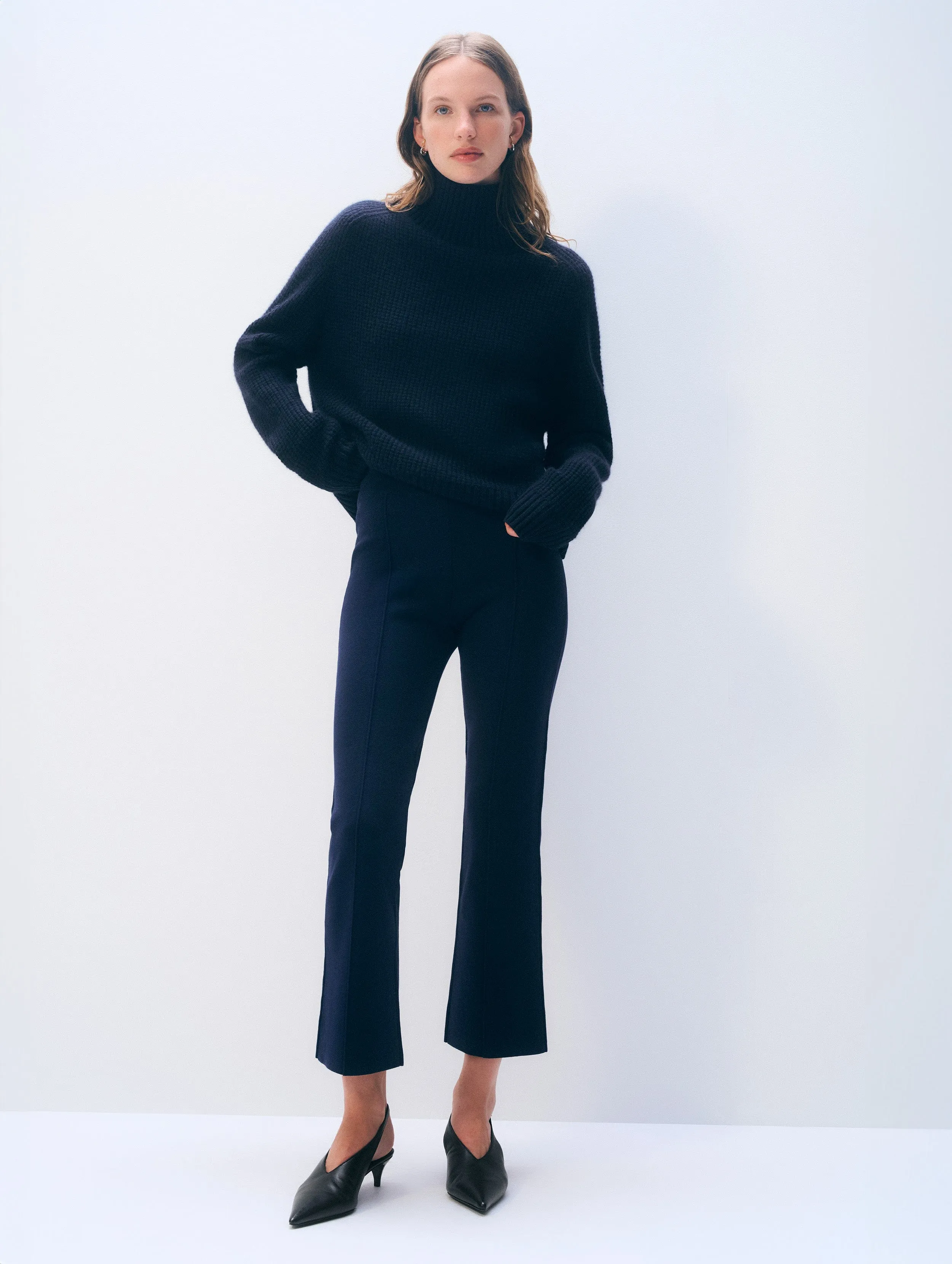 Superfine Organic Cotton Kick Flare Pant | Navy sold by White + Warren product image thumbnail 2