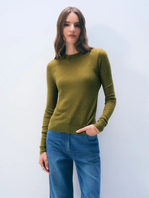 Superfine Cashmere Blend Waffle Crewneck | Bright Olive sold by White + Warren