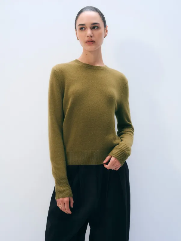 Cashmere Rib Trim Crewneck | Bright Olive sold by White + Warren