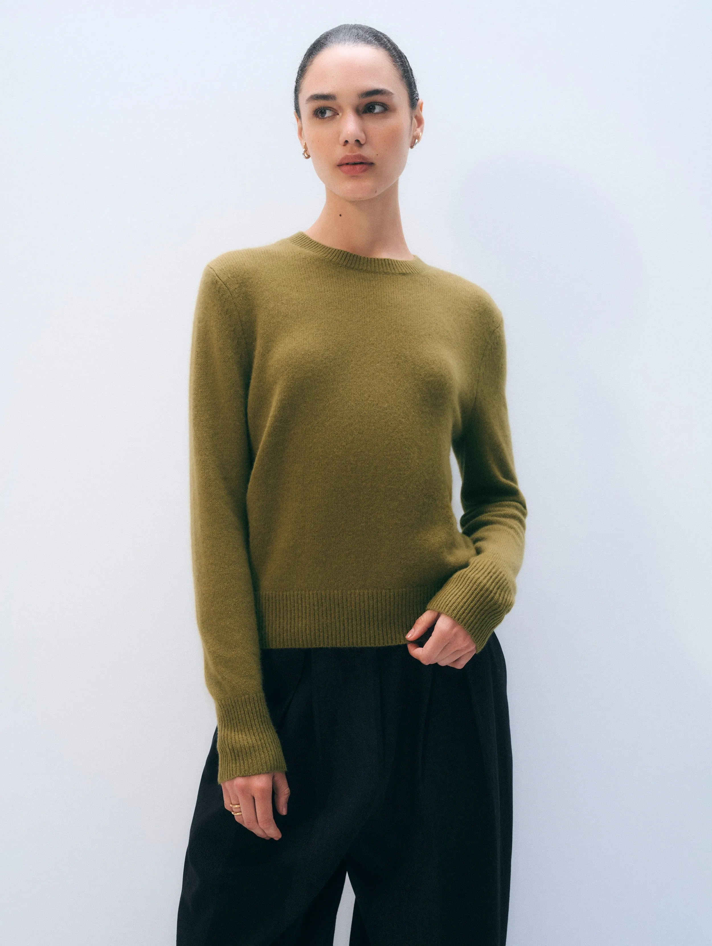Cashmere Rib Trim Crewneck | Bright Olive sold by White + Warren