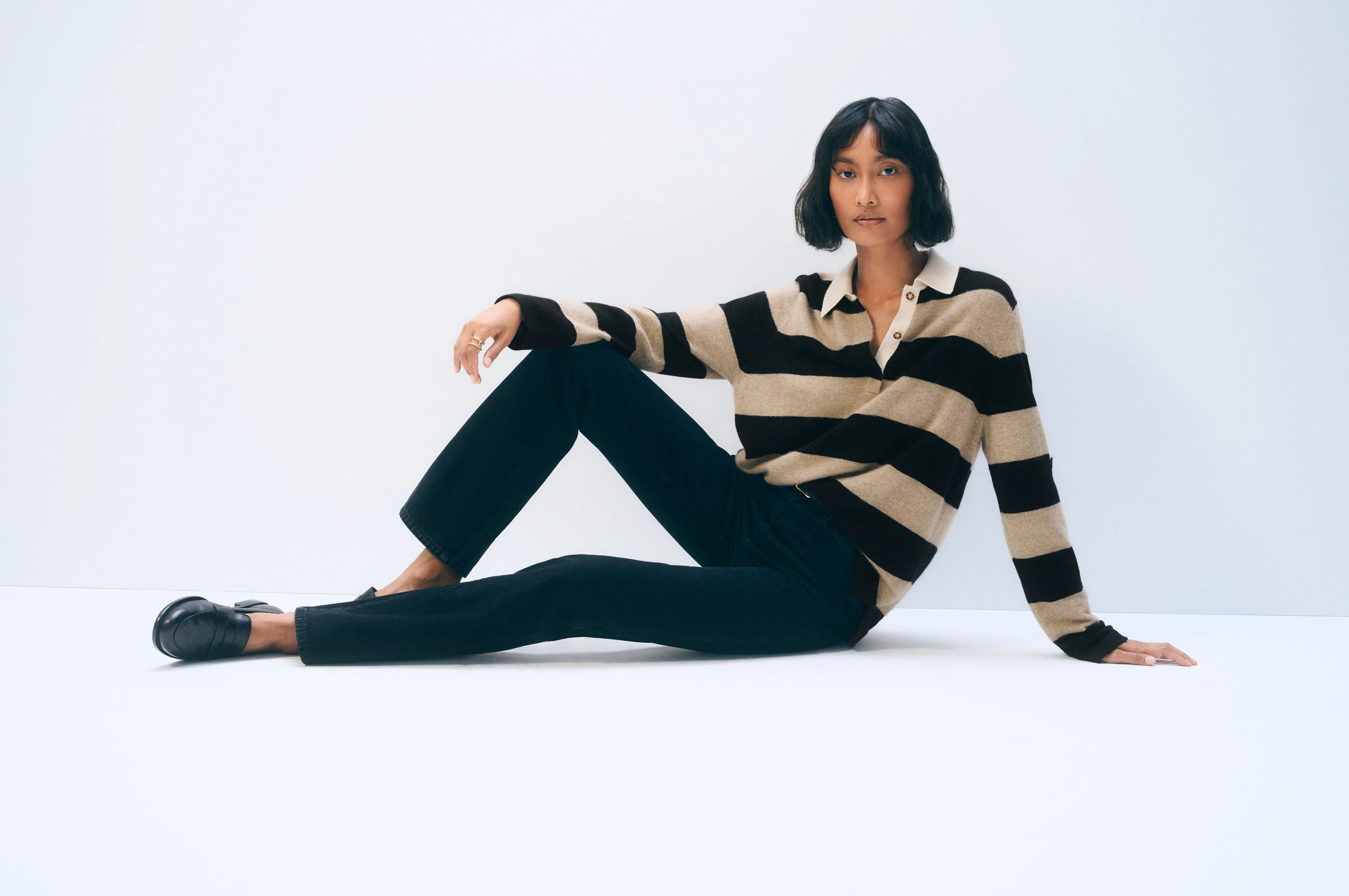 Cashmere Rugby Stripe Polo | Taupe & Black sold by White + Warren product image thumbnail 5