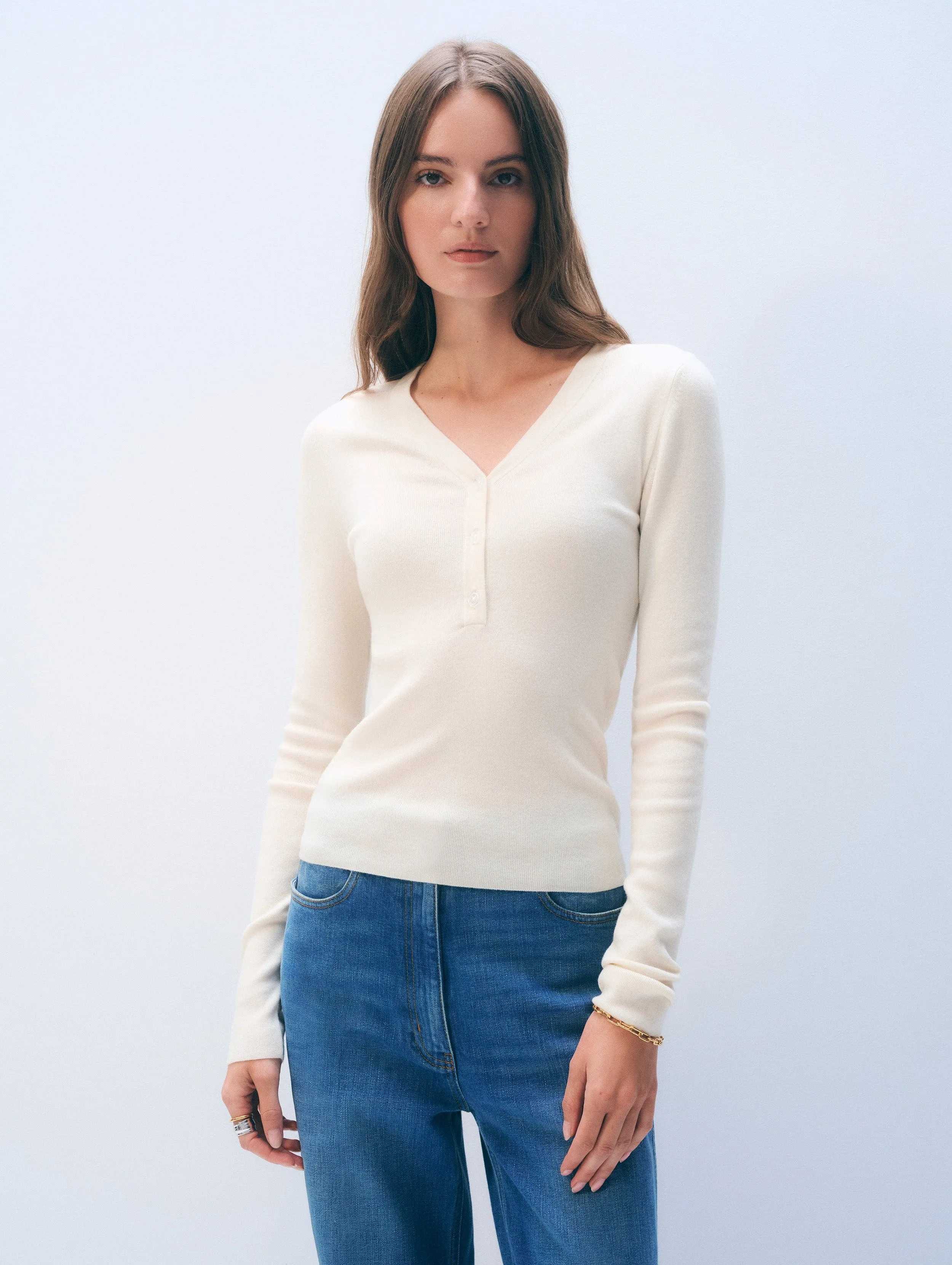 Superfine Cashmere Blend Henley | White sold by White + Warren