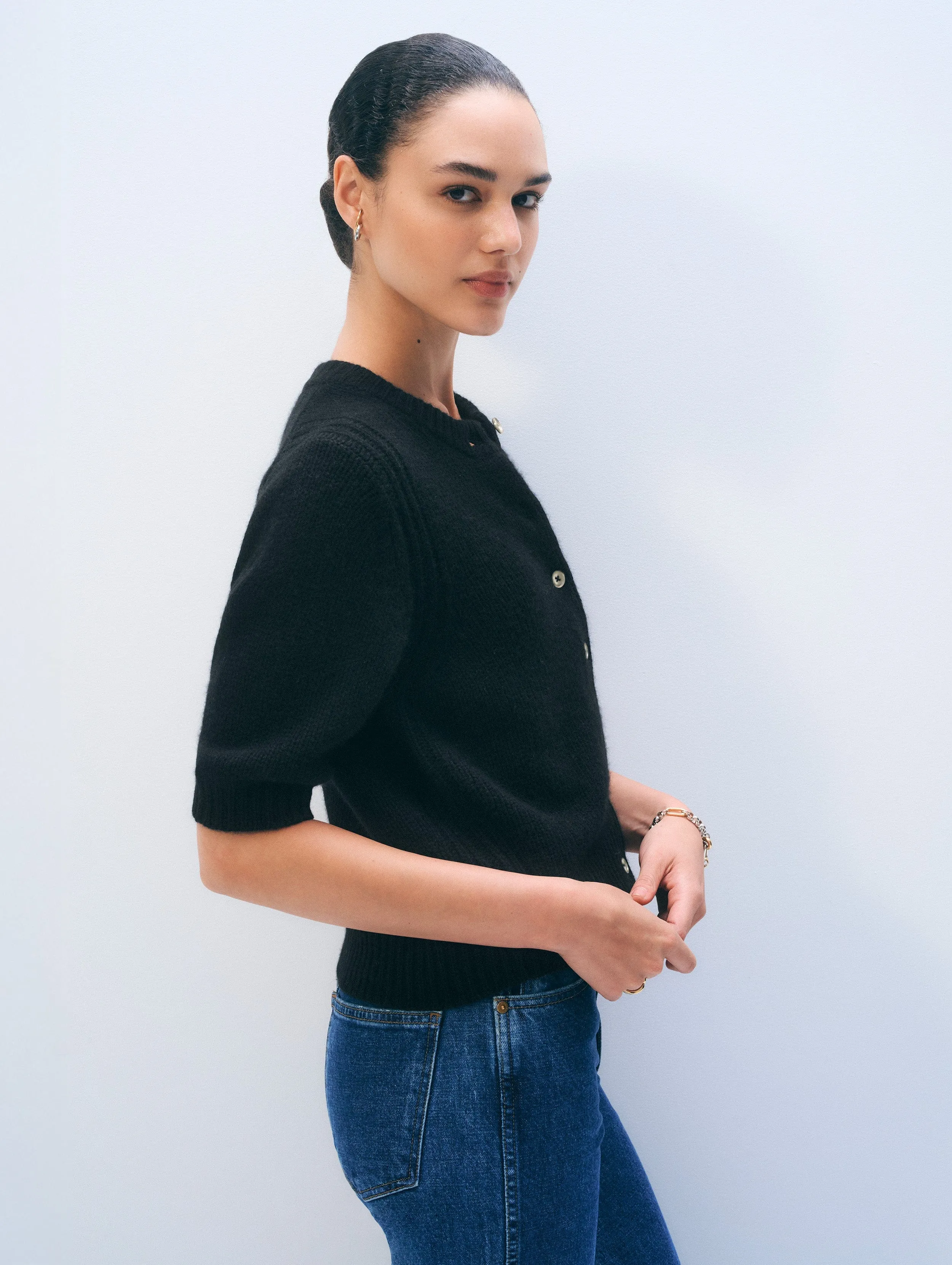 Cashmere Short Sleeve Cardigan | Black sold by White + Warren product image thumbnail 3