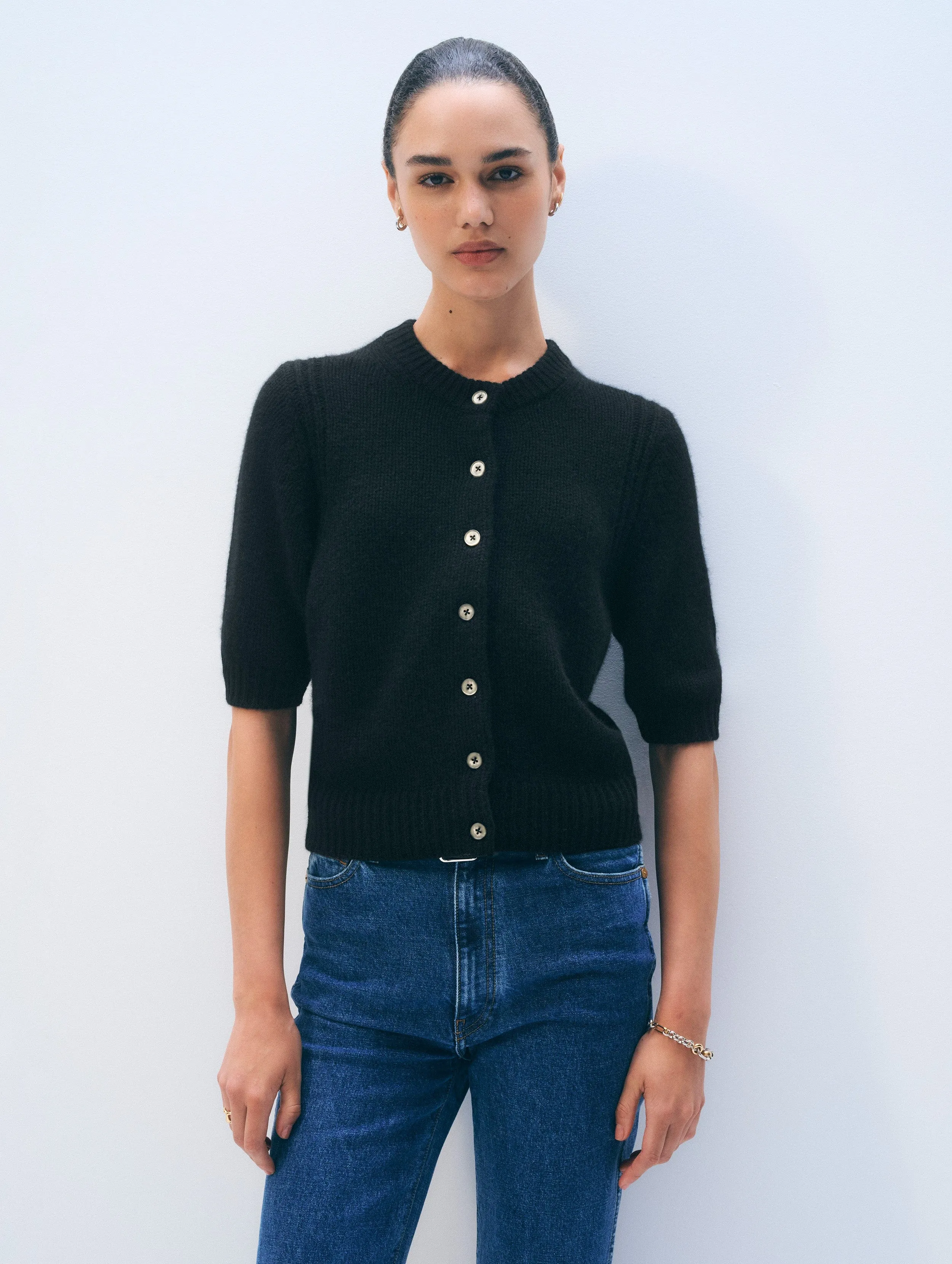 Cashmere Short Sleeve Cardigan | Black sold by White + Warren