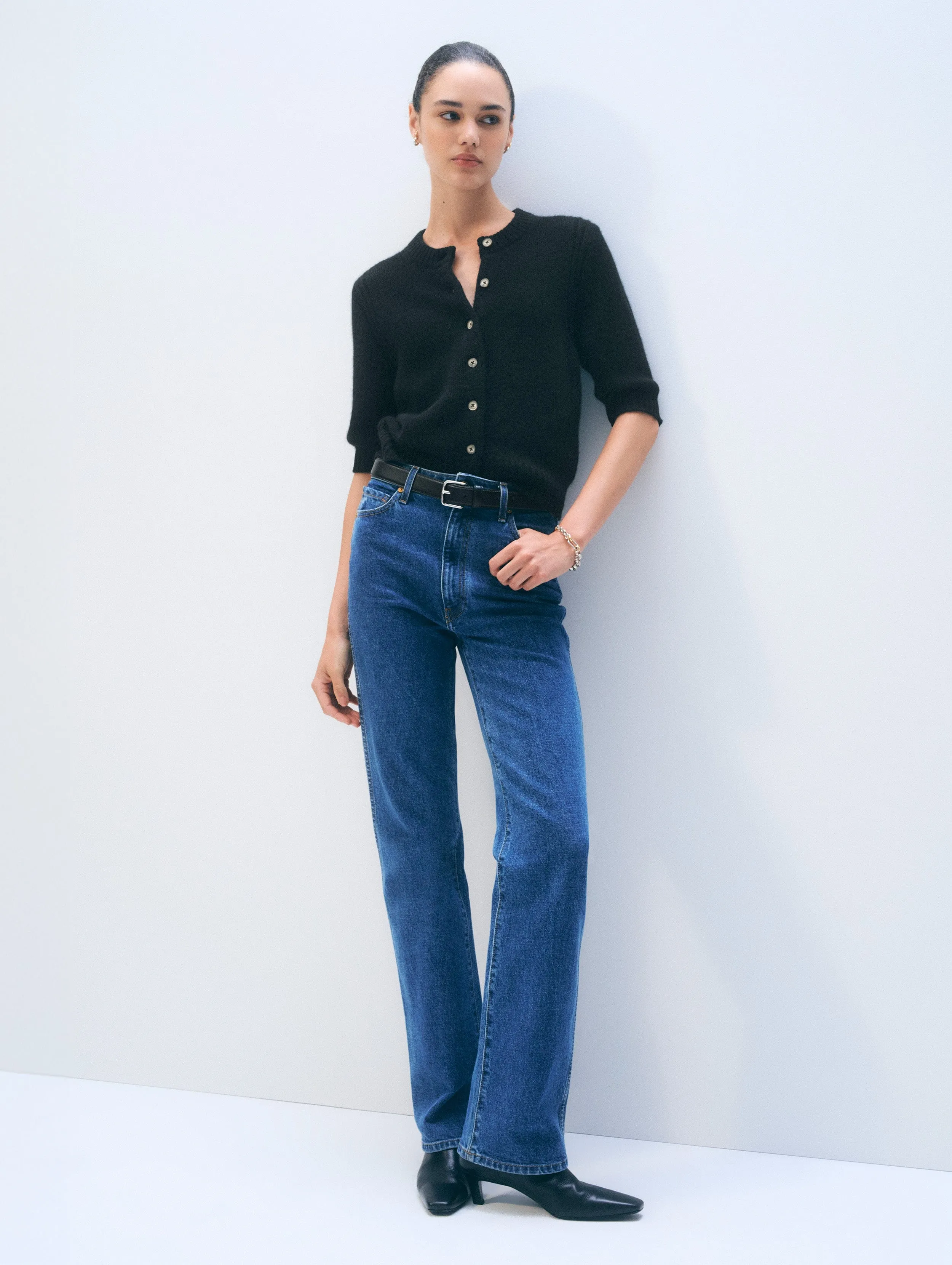 Cashmere Short Sleeve Cardigan | Black sold by White + Warren product image thumbnail 2