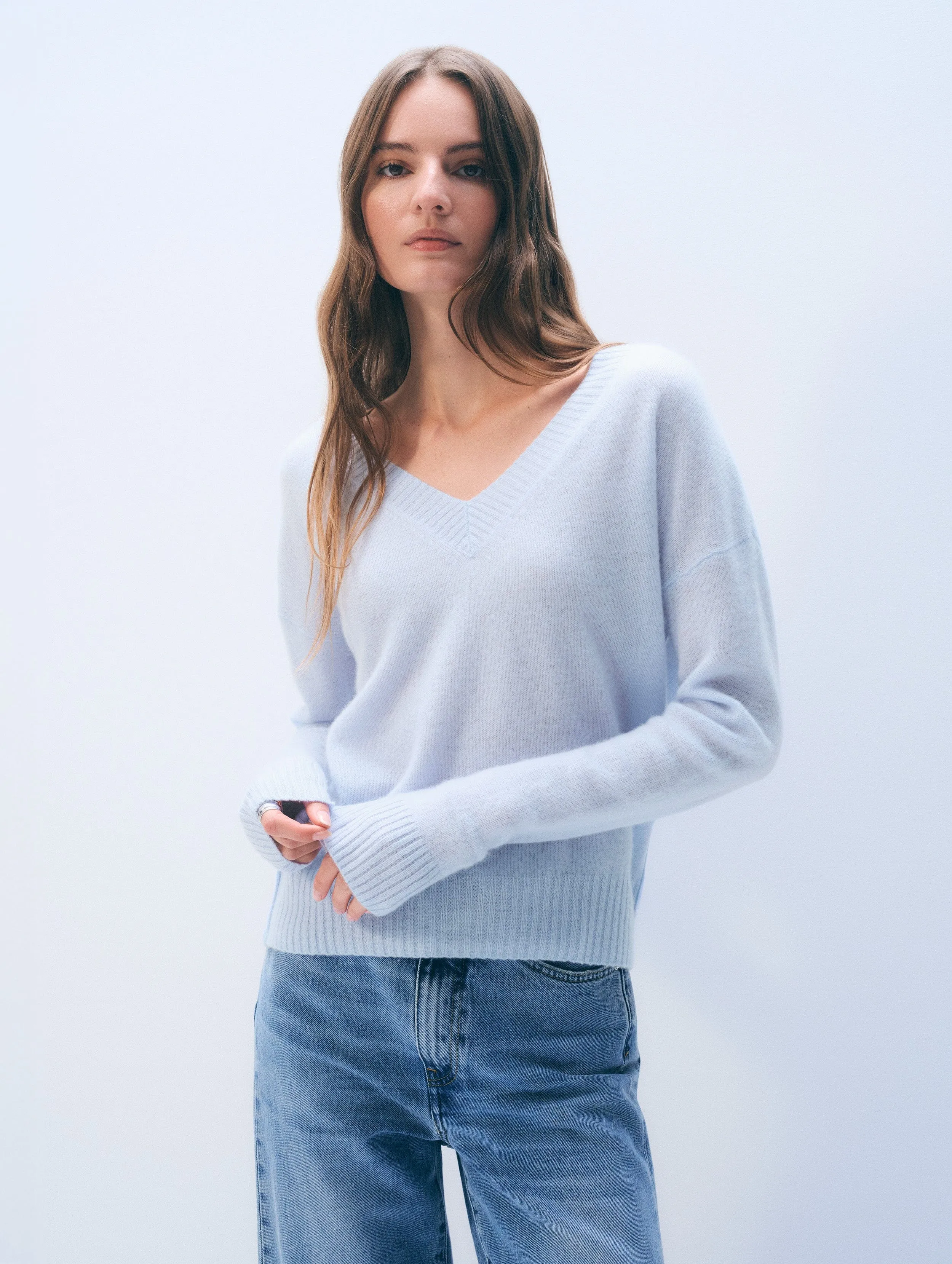 Cashmere Featherweight V Neck | Pale Mist sold by White + Warren