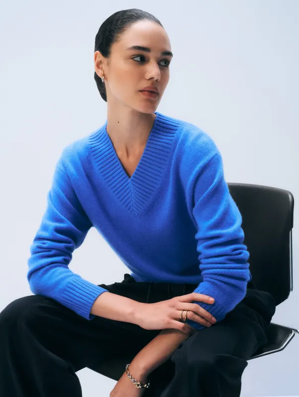 Cashmere Wide Rib Trim V Neck | Blue Canvas sold by White + Warren