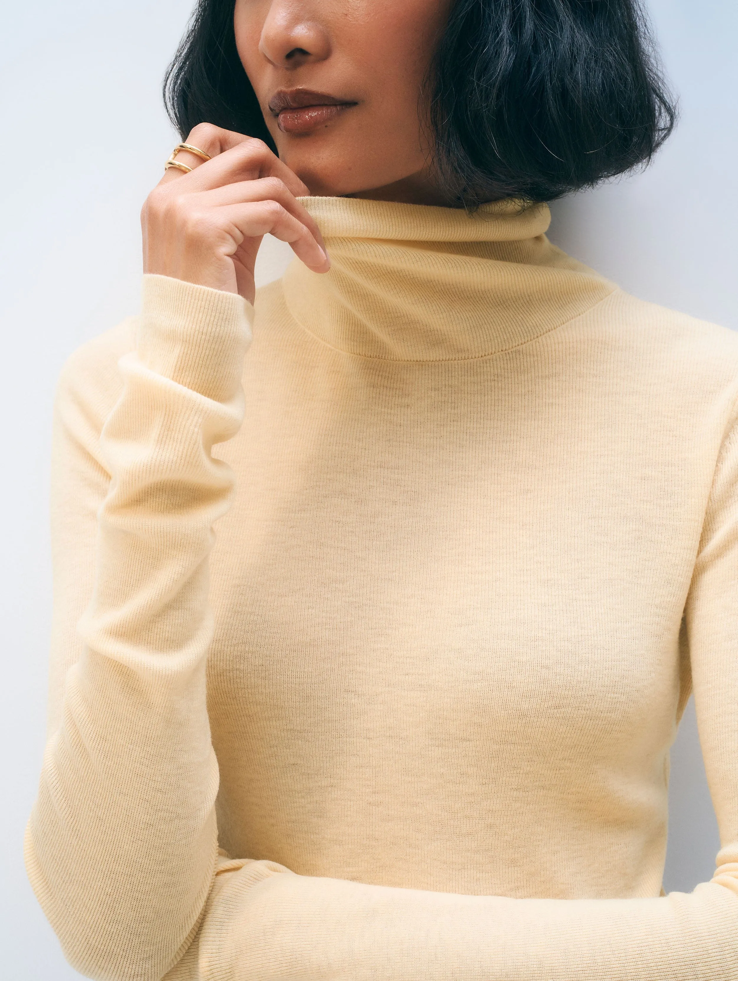 Superfine Cashmere Blend Turtleneck | Buttercream Yellow sold by White + Warren product image thumbnail 2