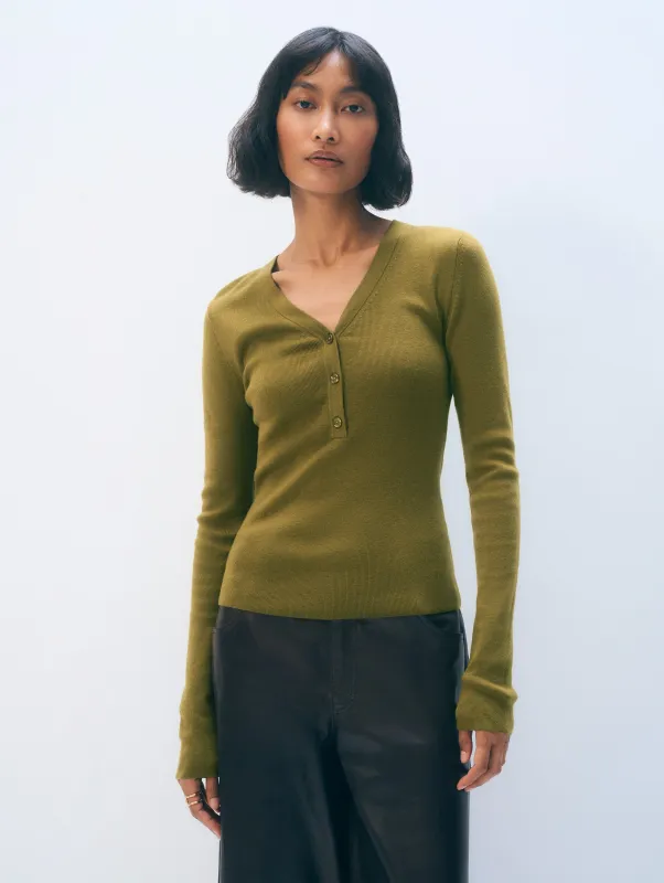 Superfine Cashmere Blend Henley | Bright Olive sold by White + Warren