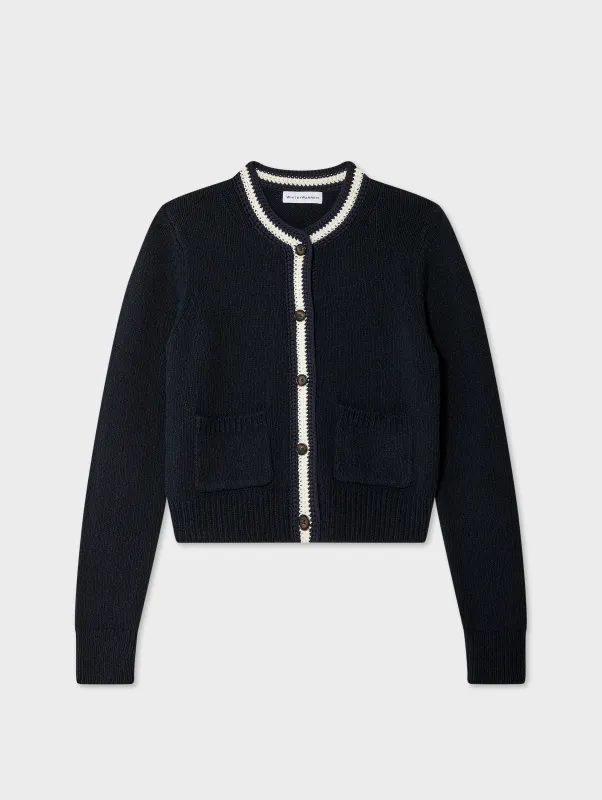 Lofty Cotton Crochet Trim Cardigan | Deep Navy & Ivory sold by White + Warren