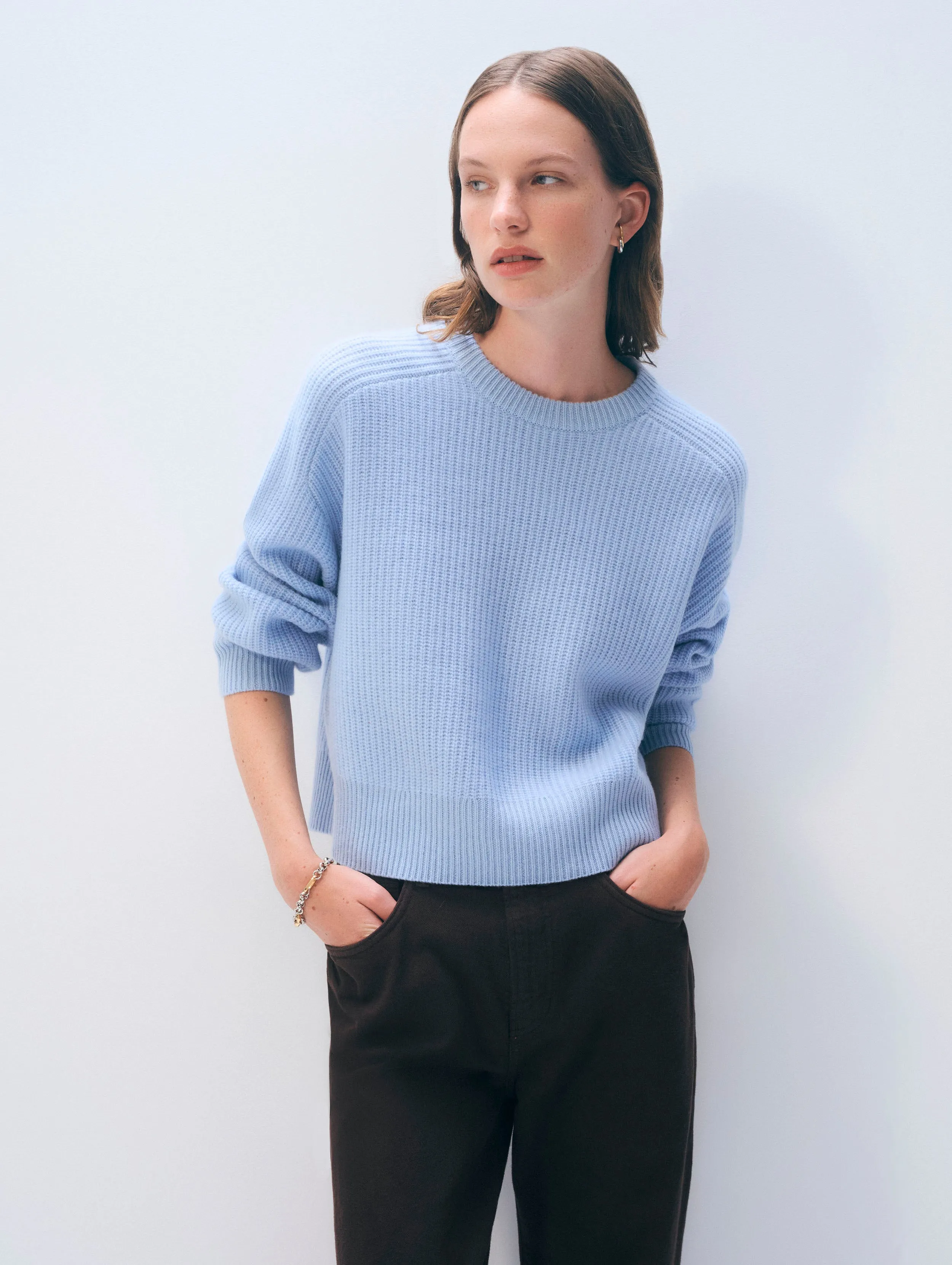 Cashmere Ribbed Saddle Sleeve Crewneck | Icy Blue sold by White + Warren