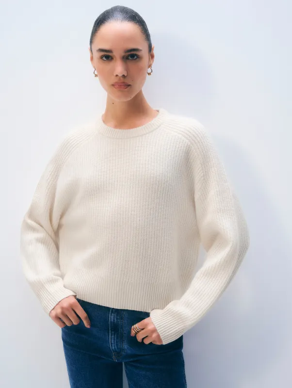 Cashmere Ribbed Saddle Sleeve Crewneck | Soft White sold by White + Warren