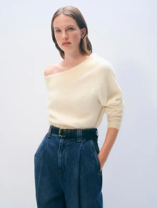 Brushed Cashmere Off Shoulder Crewneck | Ivory sold by White + Warren